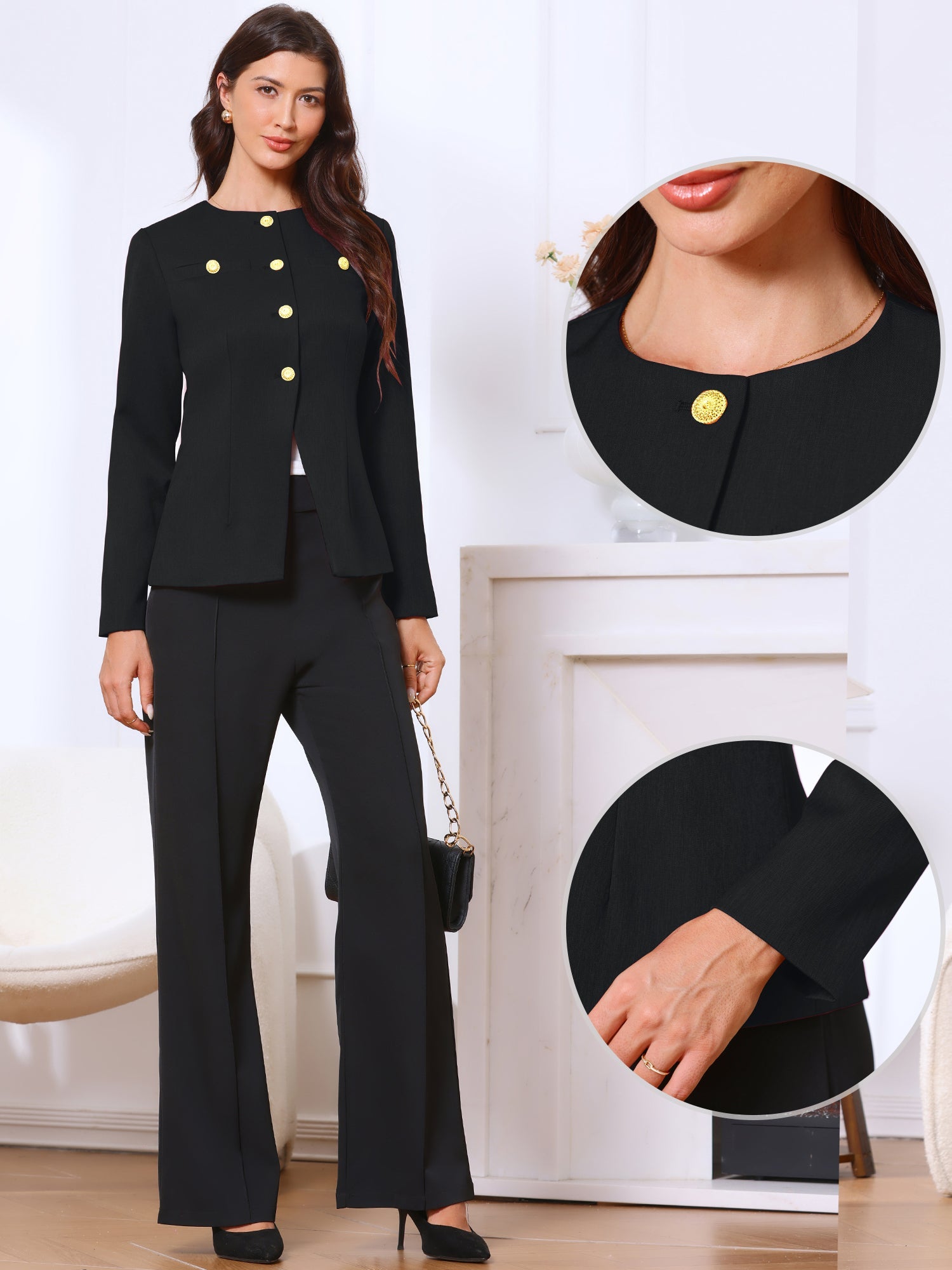 Collarless Button Down Long Sleeve Peplum Jackets