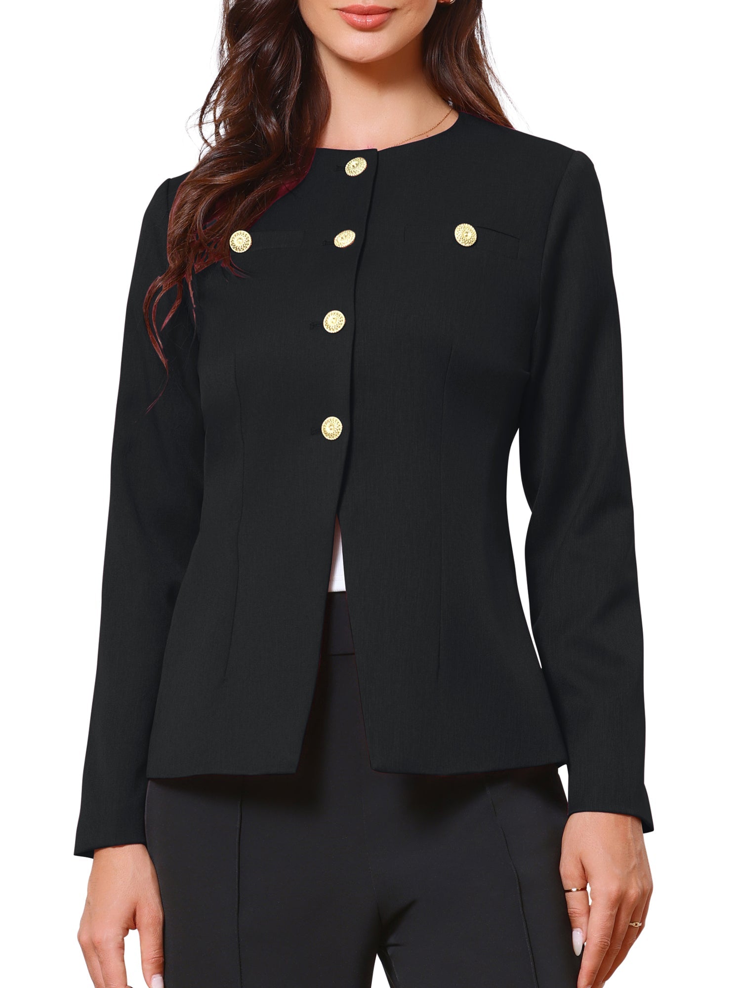 Collarless Button Down Long Sleeve Peplum Jackets