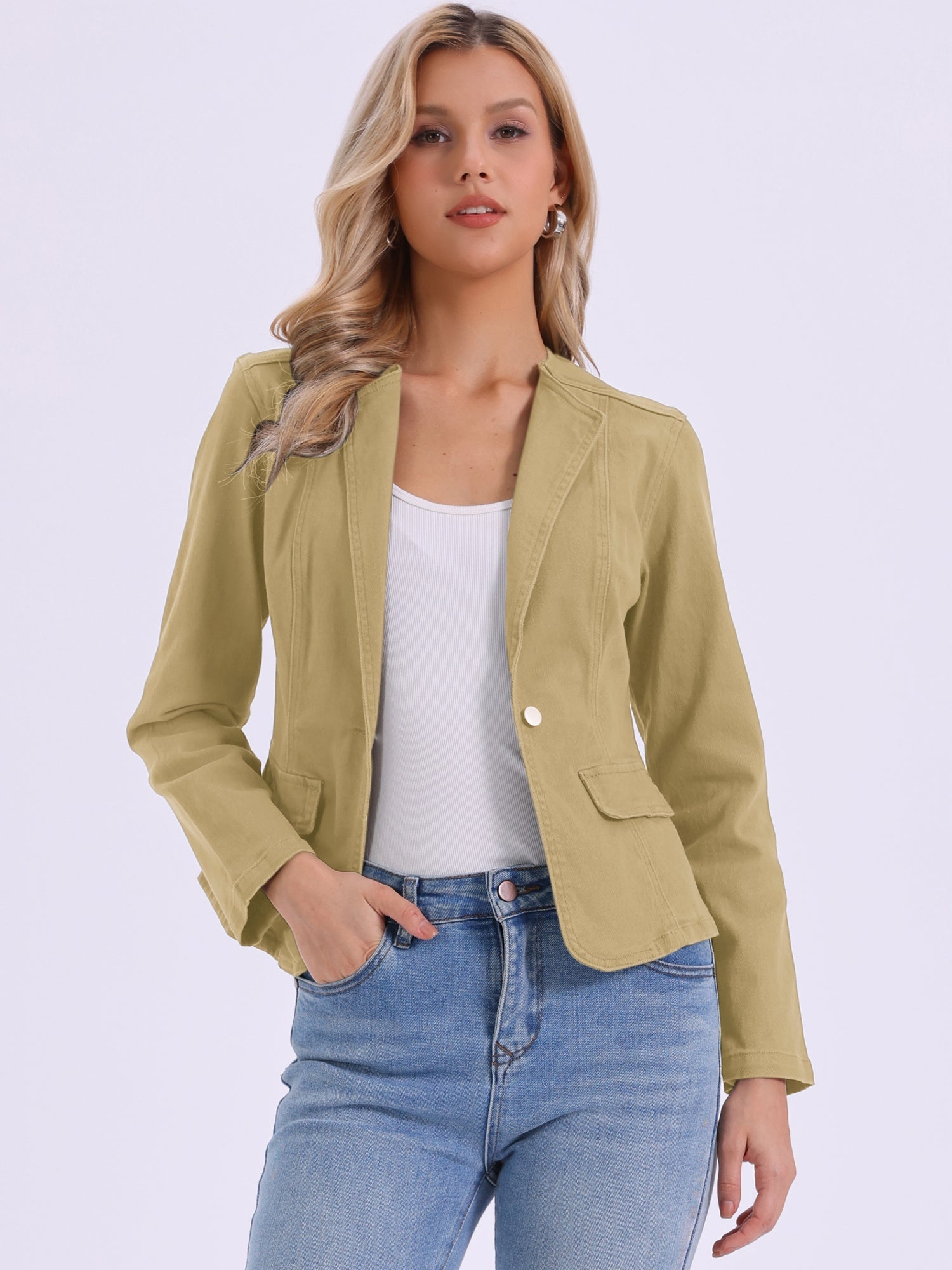 Lapel Collar Long Sleeve One Button Denim Blazer Jean Jacket