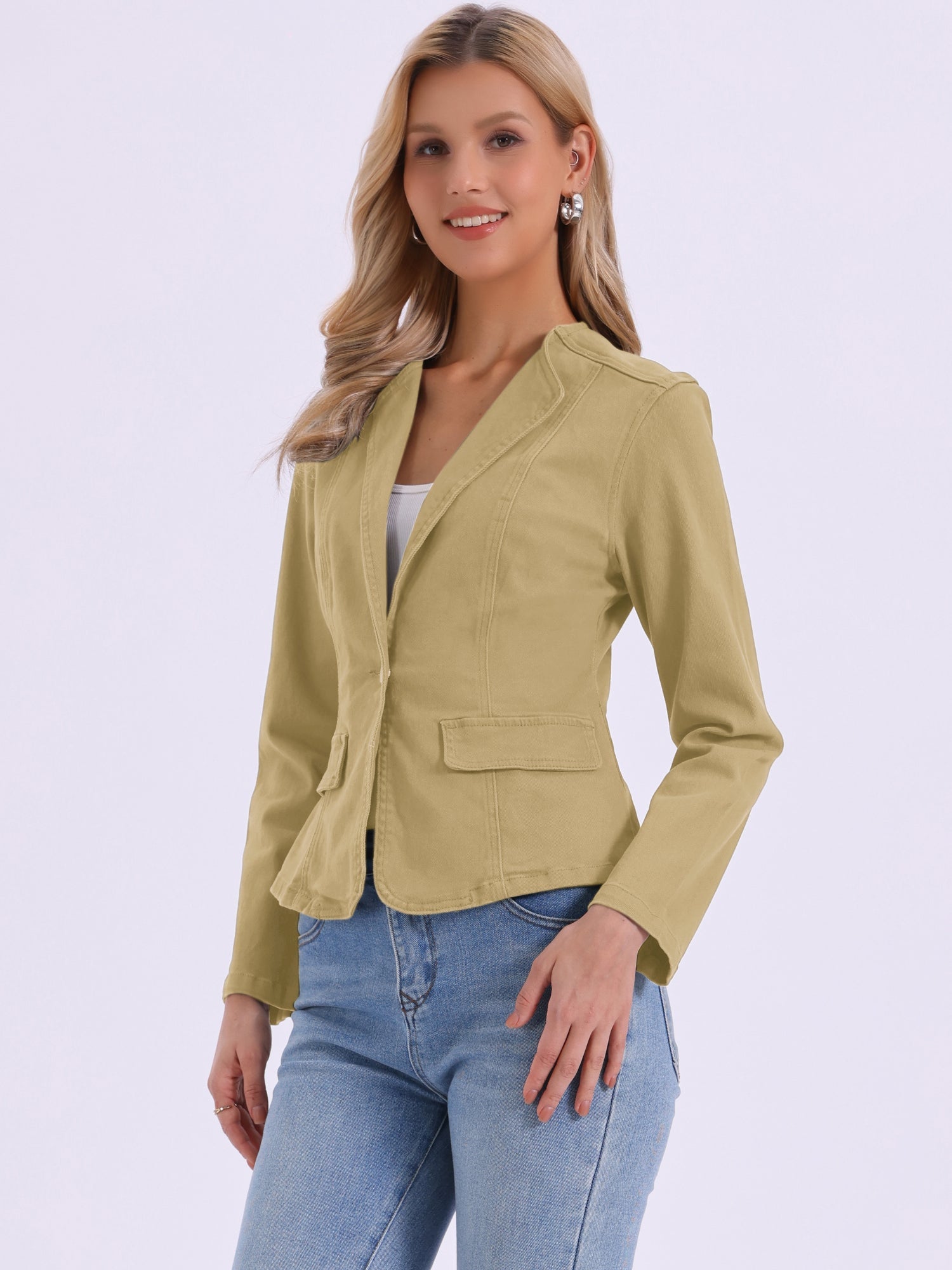 Lapel Collar Long Sleeve One Button Denim Blazer Jean Jacket