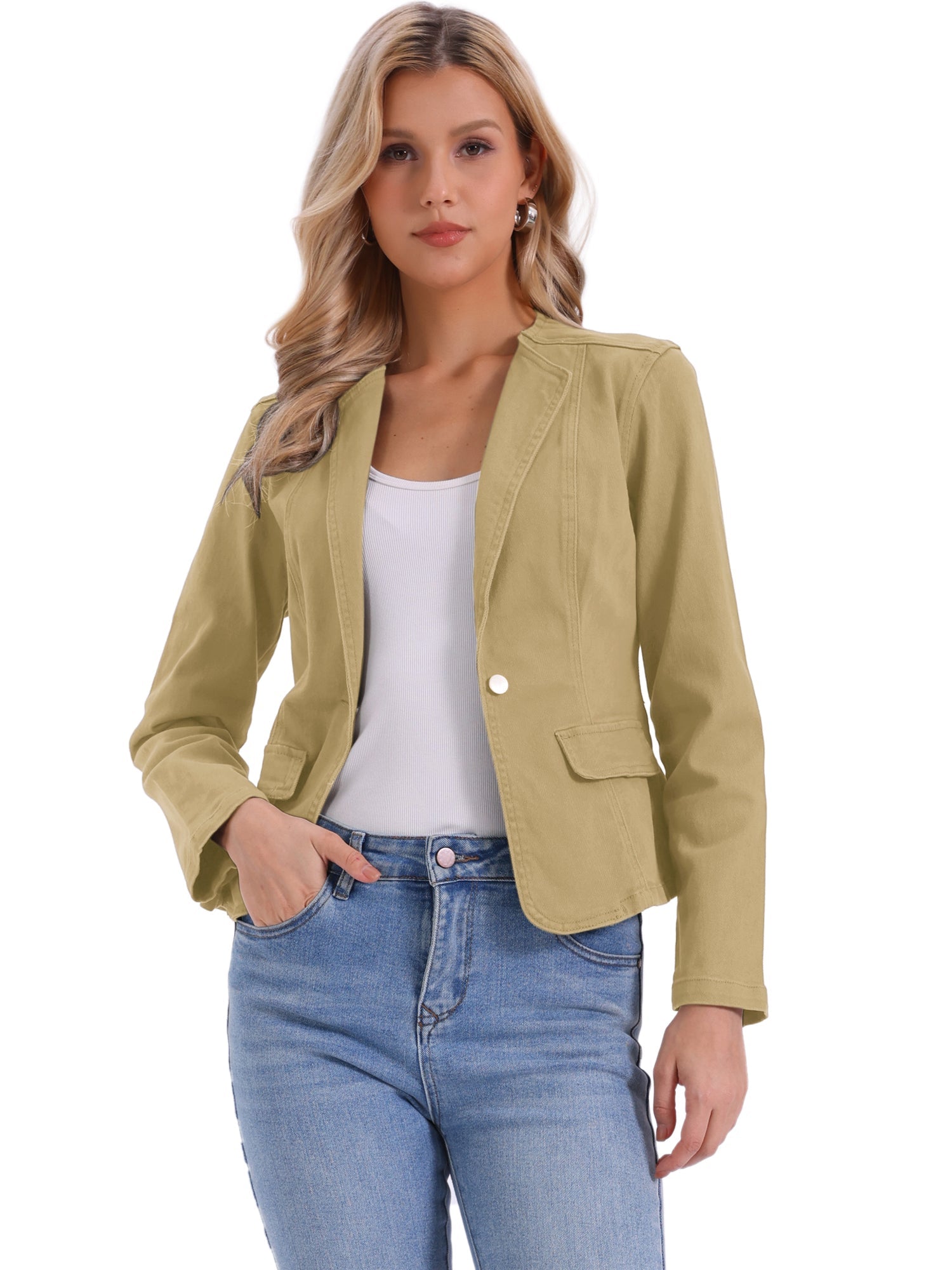 Lapel Collar Long Sleeve One Button Denim Blazer Jean Jacket