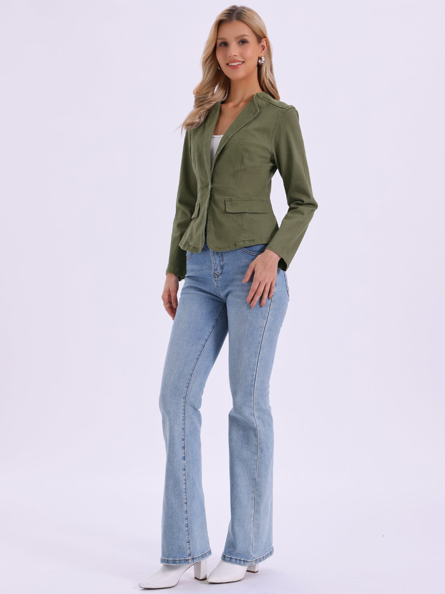 Lapel Collar Long Sleeve One Button Denim Blazer Jean Jacket