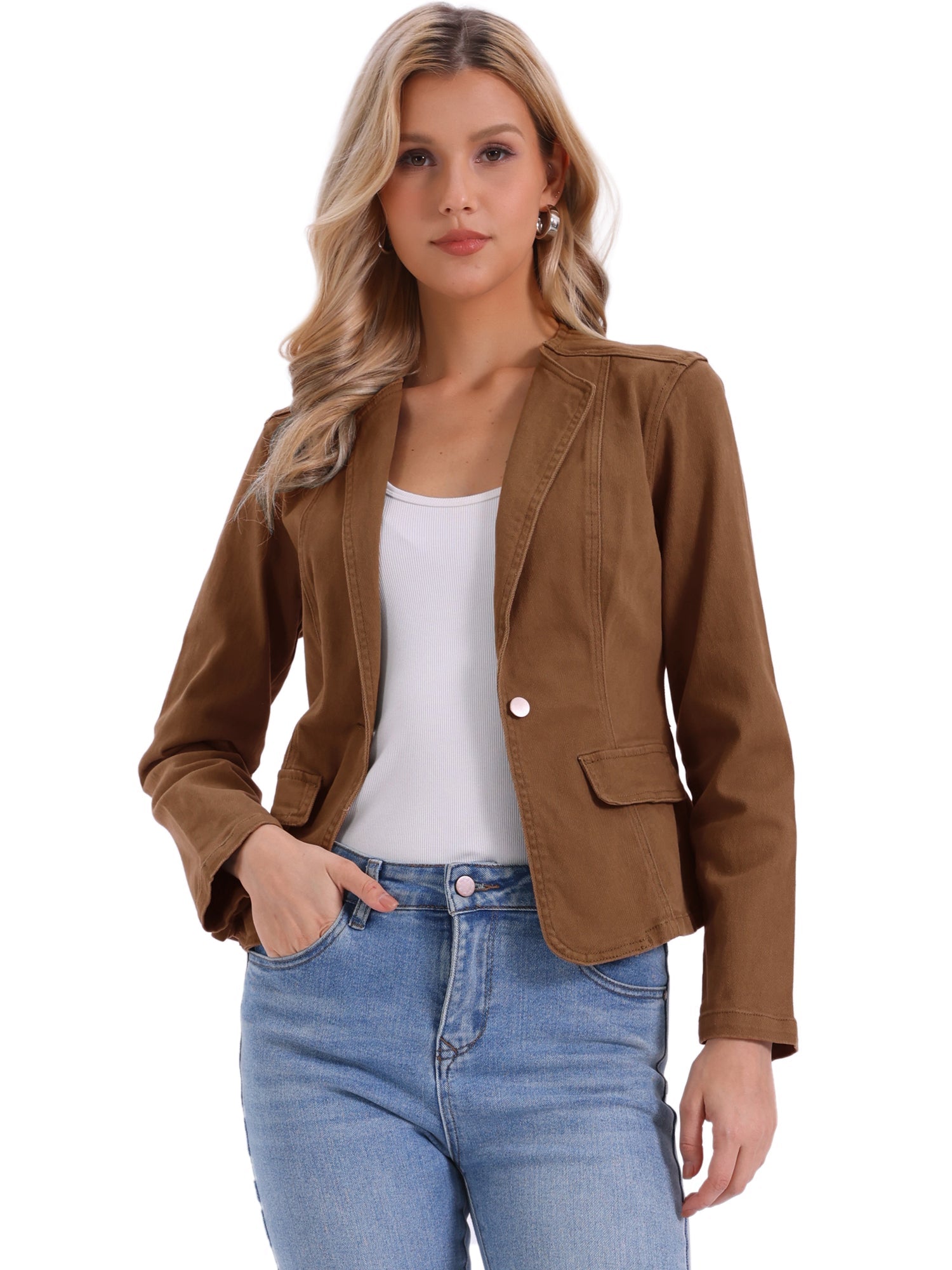 Lapel Collar Long Sleeve One Button Denim Blazer Jean Jacket