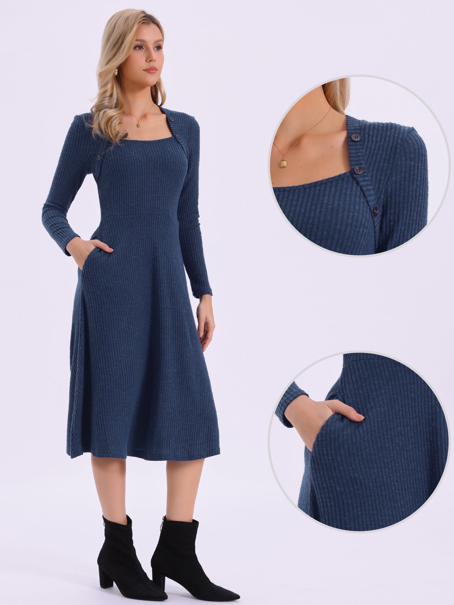 Casual Square Neck A-Line Pockets Midi Knitted Sweater Dress