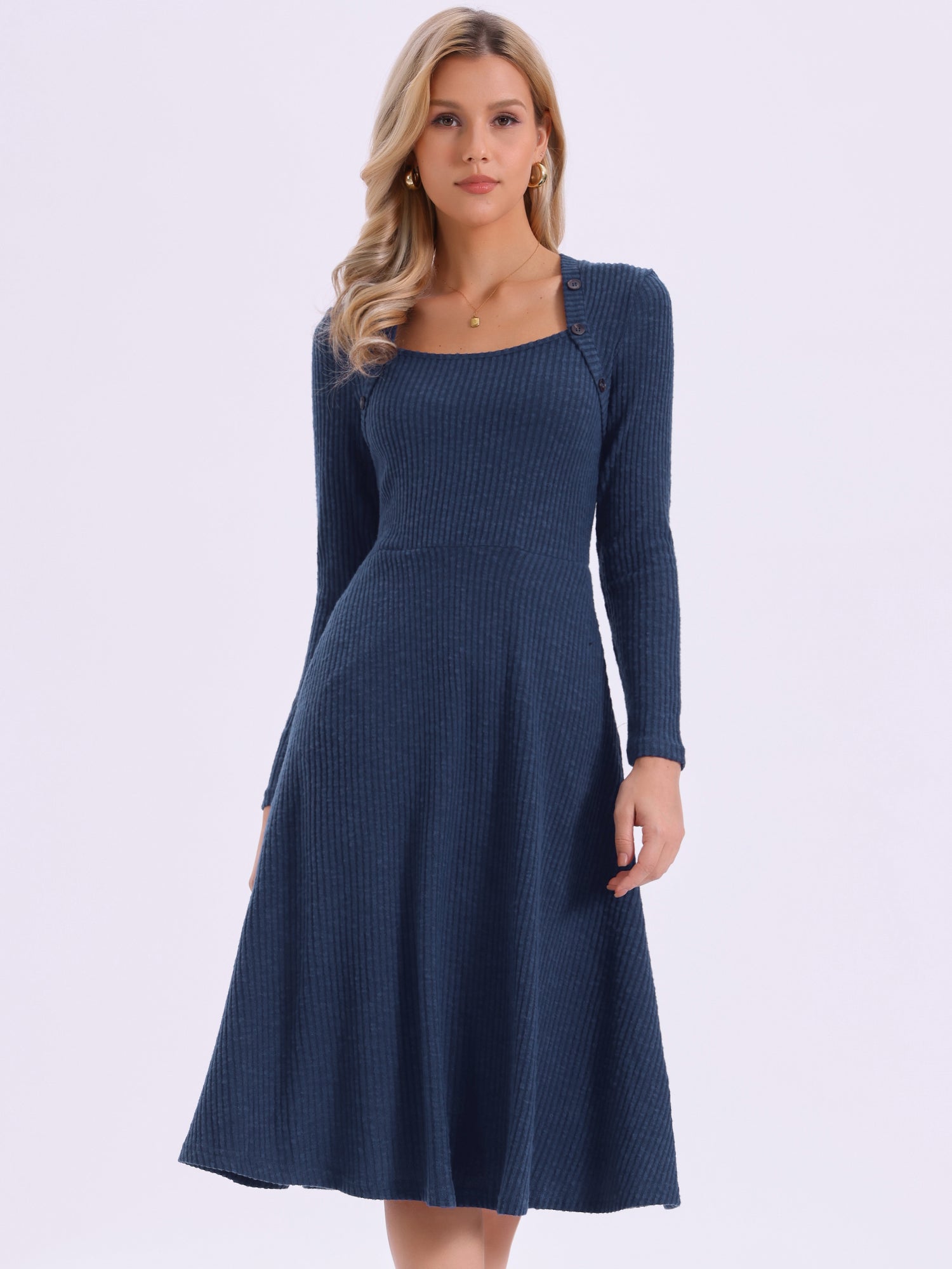 Casual Square Neck A-Line Pockets Midi Knitted Sweater Dress