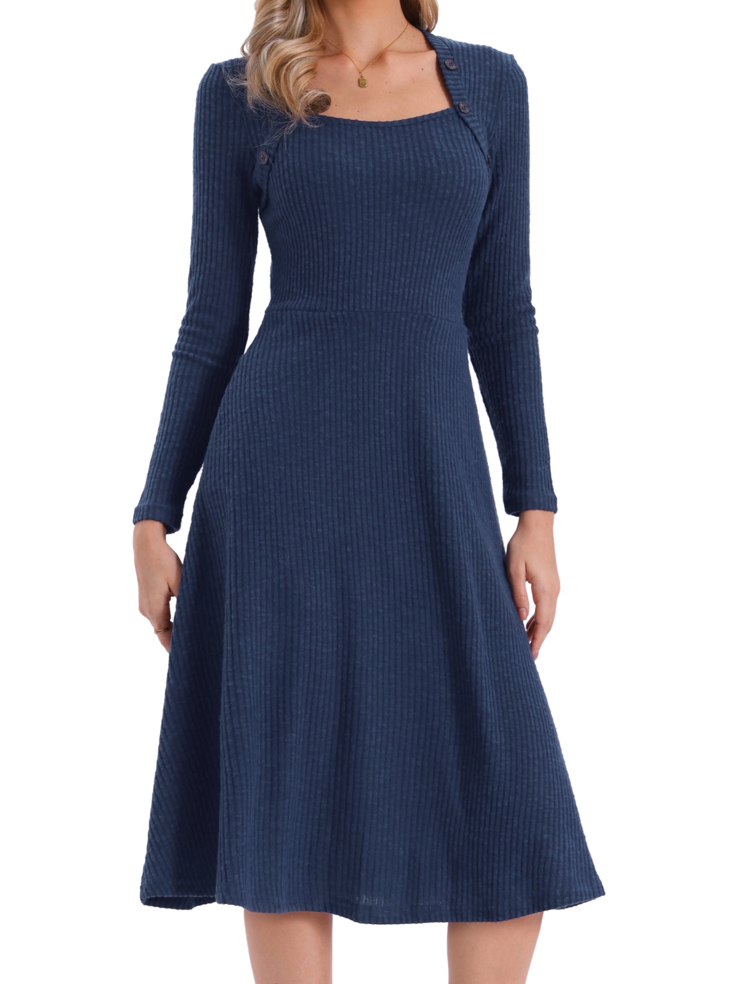 Casual Square Neck A-Line Pockets Midi Knitted Sweater Dress