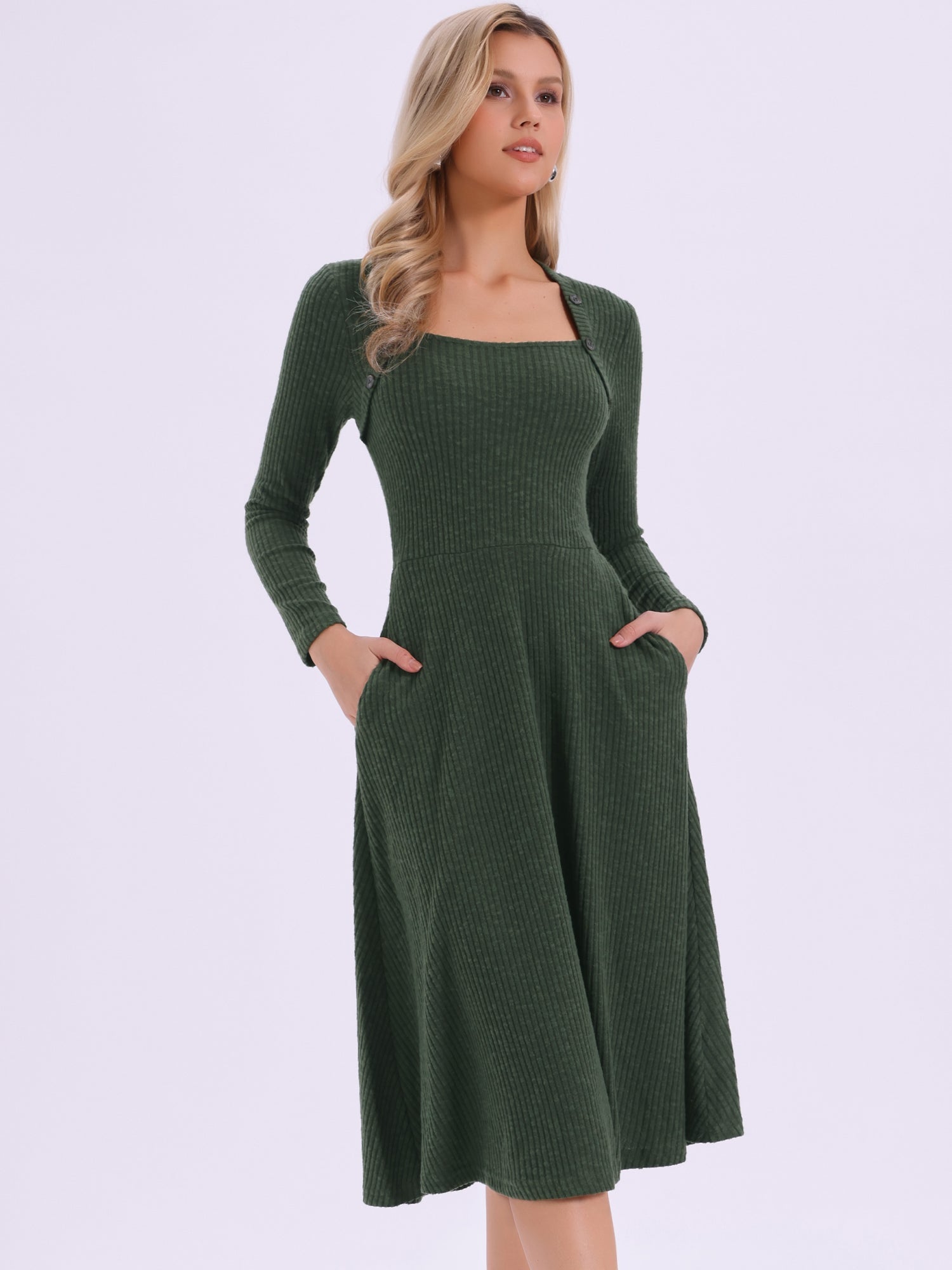 Casual Square Neck A-Line Pockets Midi Knitted Sweater Dress