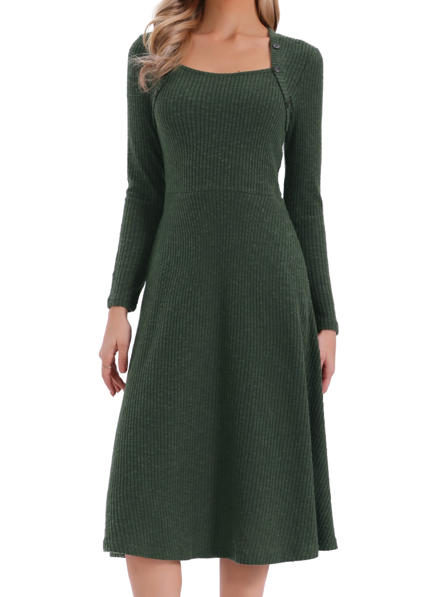 Casual Square Neck A-Line Pockets Midi Knitted Sweater Dress
