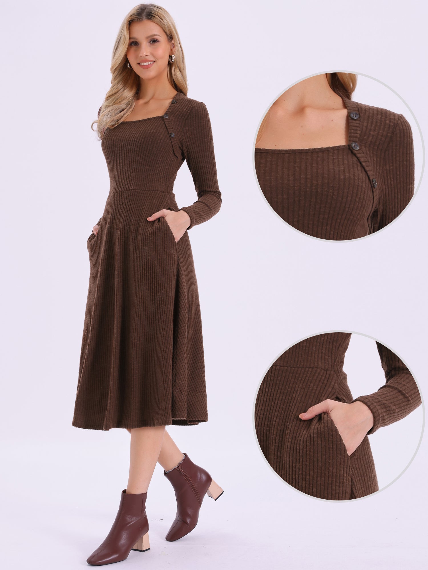Casual Square Neck A-Line Pockets Midi Knitted Sweater Dress