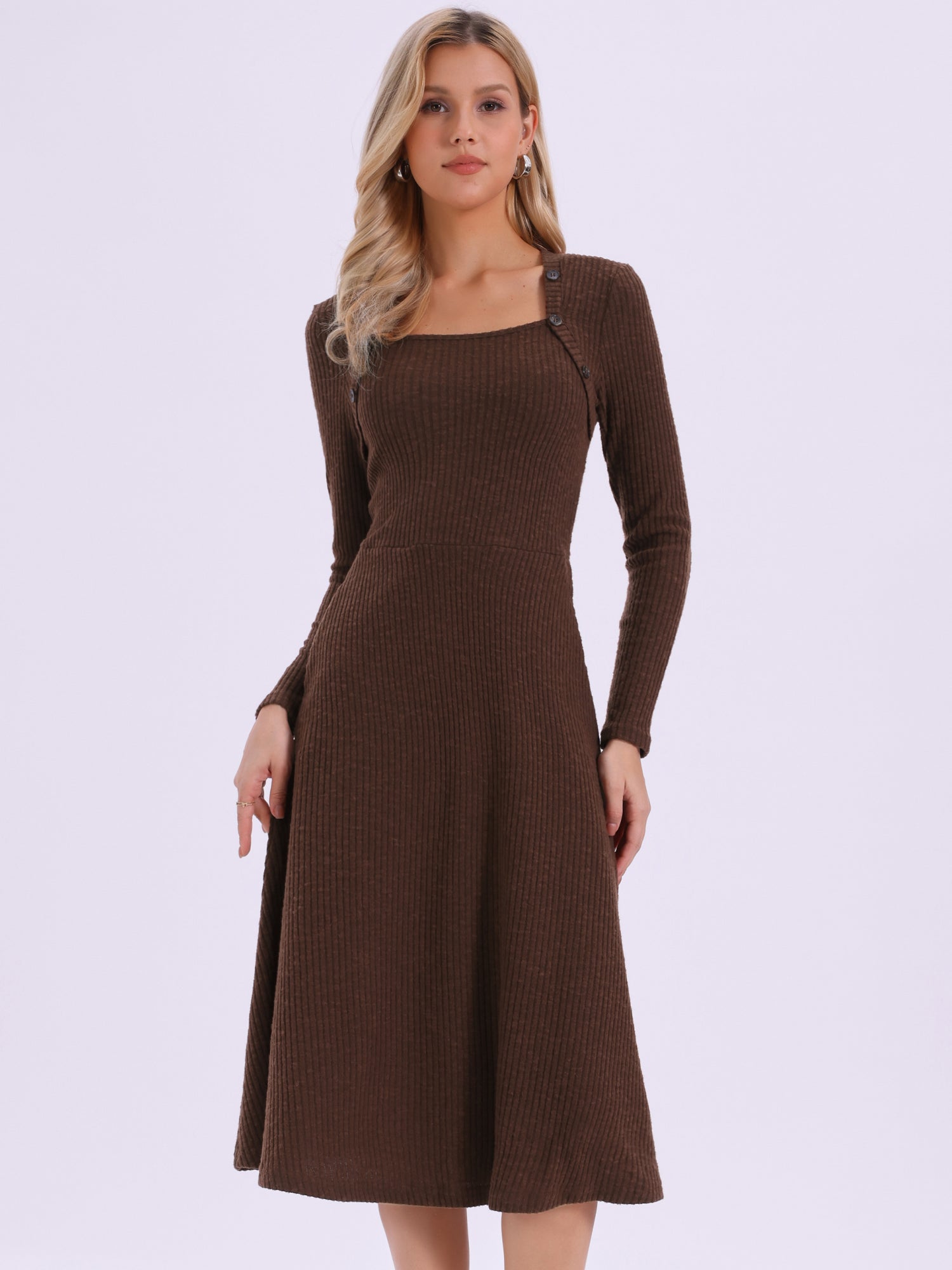 Casual Square Neck A-Line Pockets Midi Knitted Sweater Dress