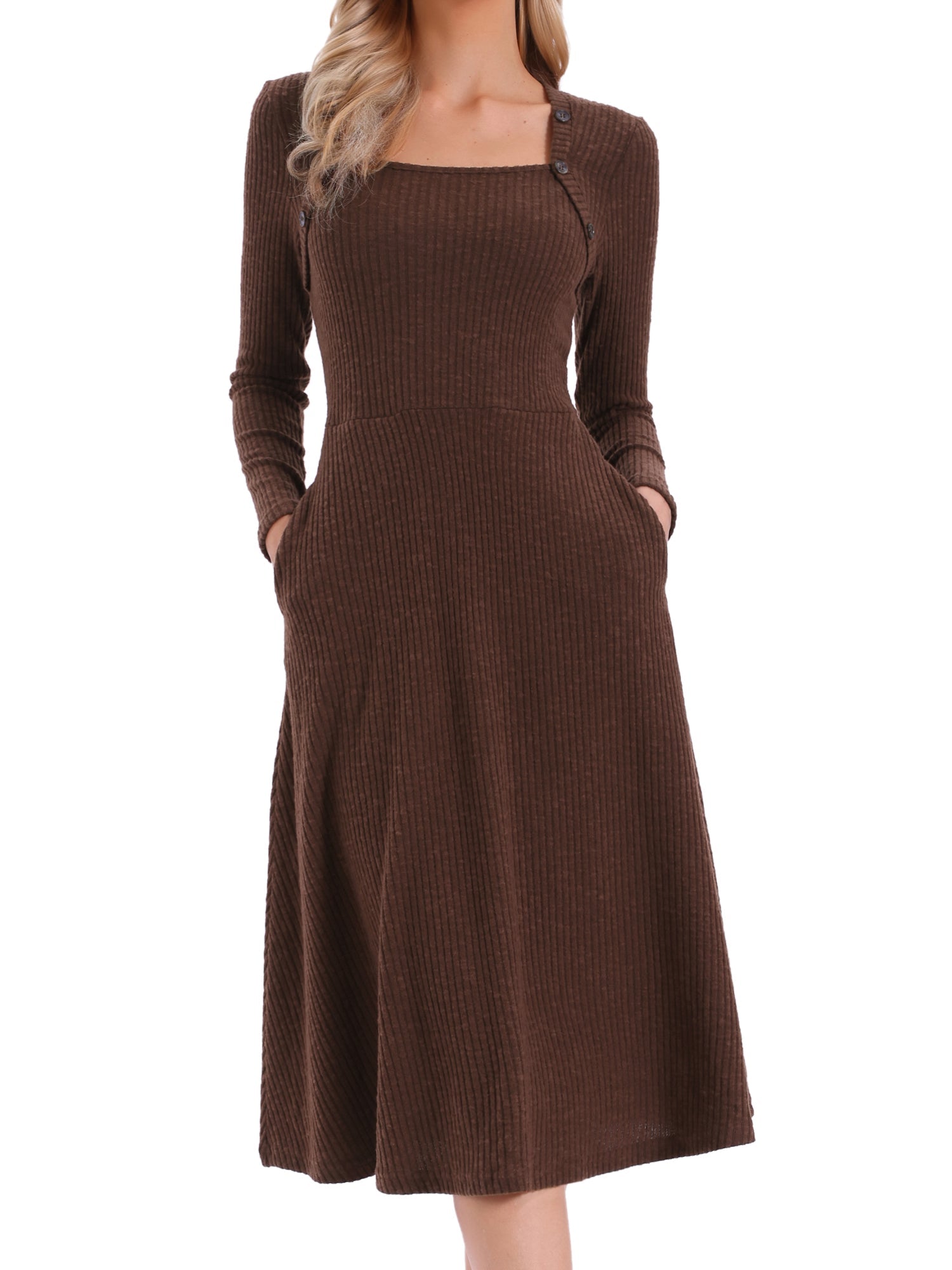 Casual Square Neck A-Line Pockets Midi Knitted Sweater Dress