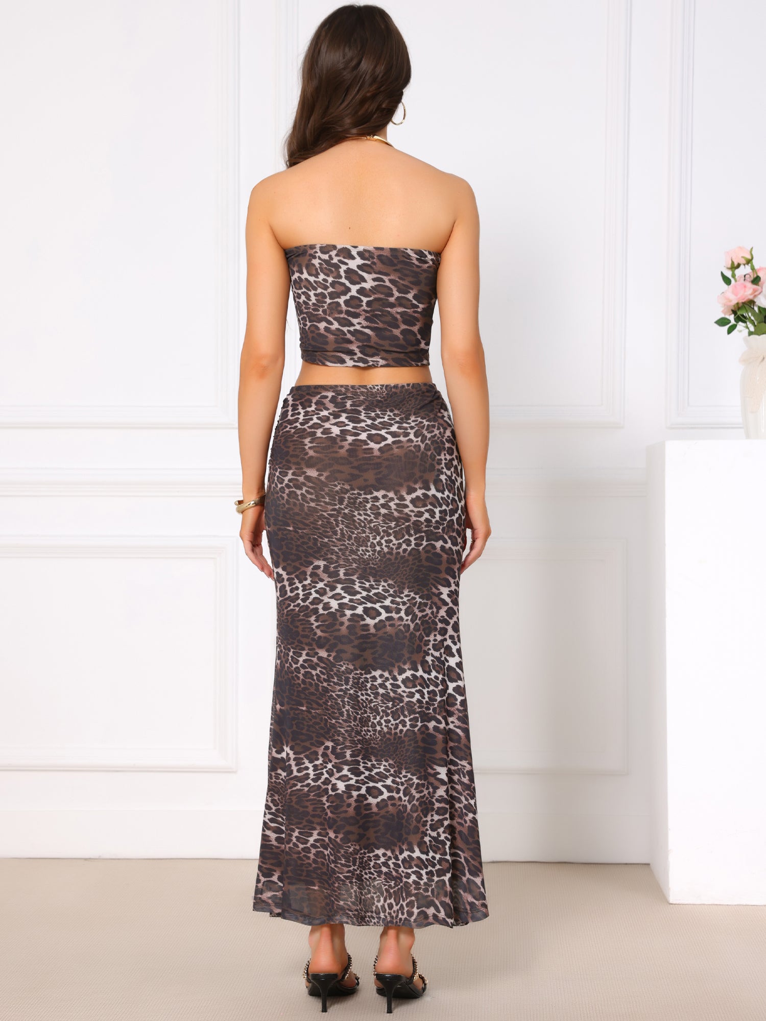 2 Pieces Leopard Print Strapless Crop Tube Top & Bodycon Skirts Matching Set