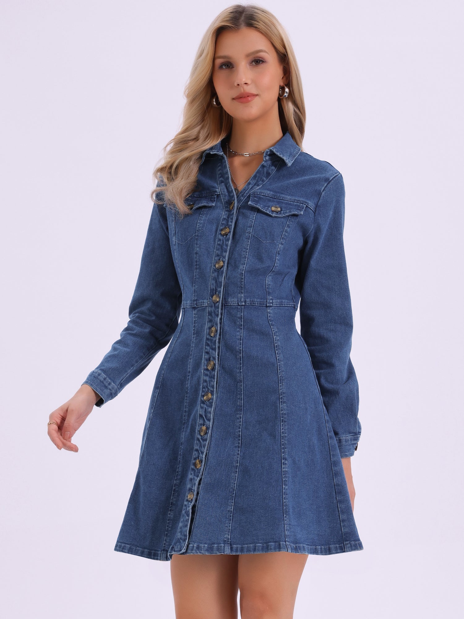 Button Down Collar V Neck Long Sleeve A-line Jean Denim Dress