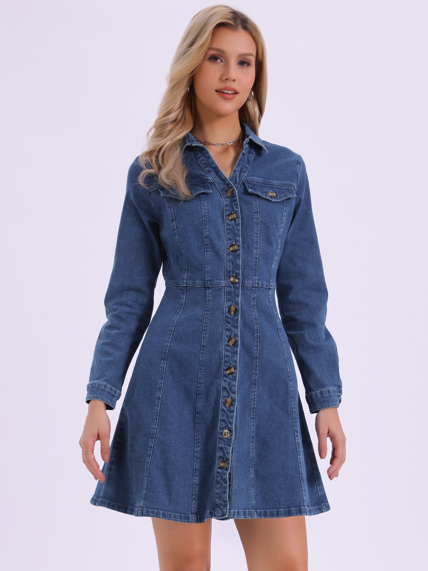 Button Down Collar V Neck Long Sleeve A-line Jean Denim Dress