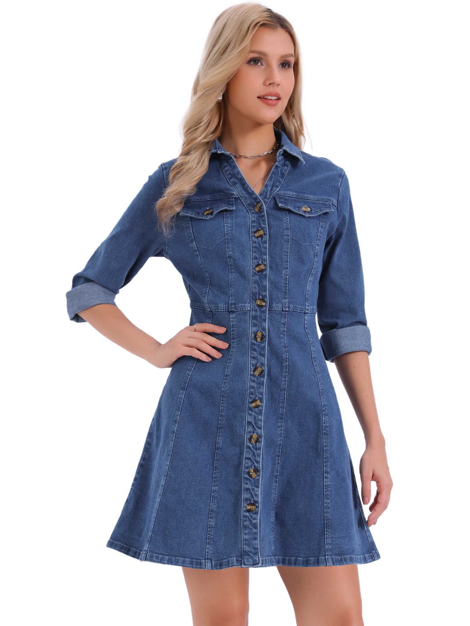 Button Down Collar V Neck Long Sleeve A-line Jean Denim Dress