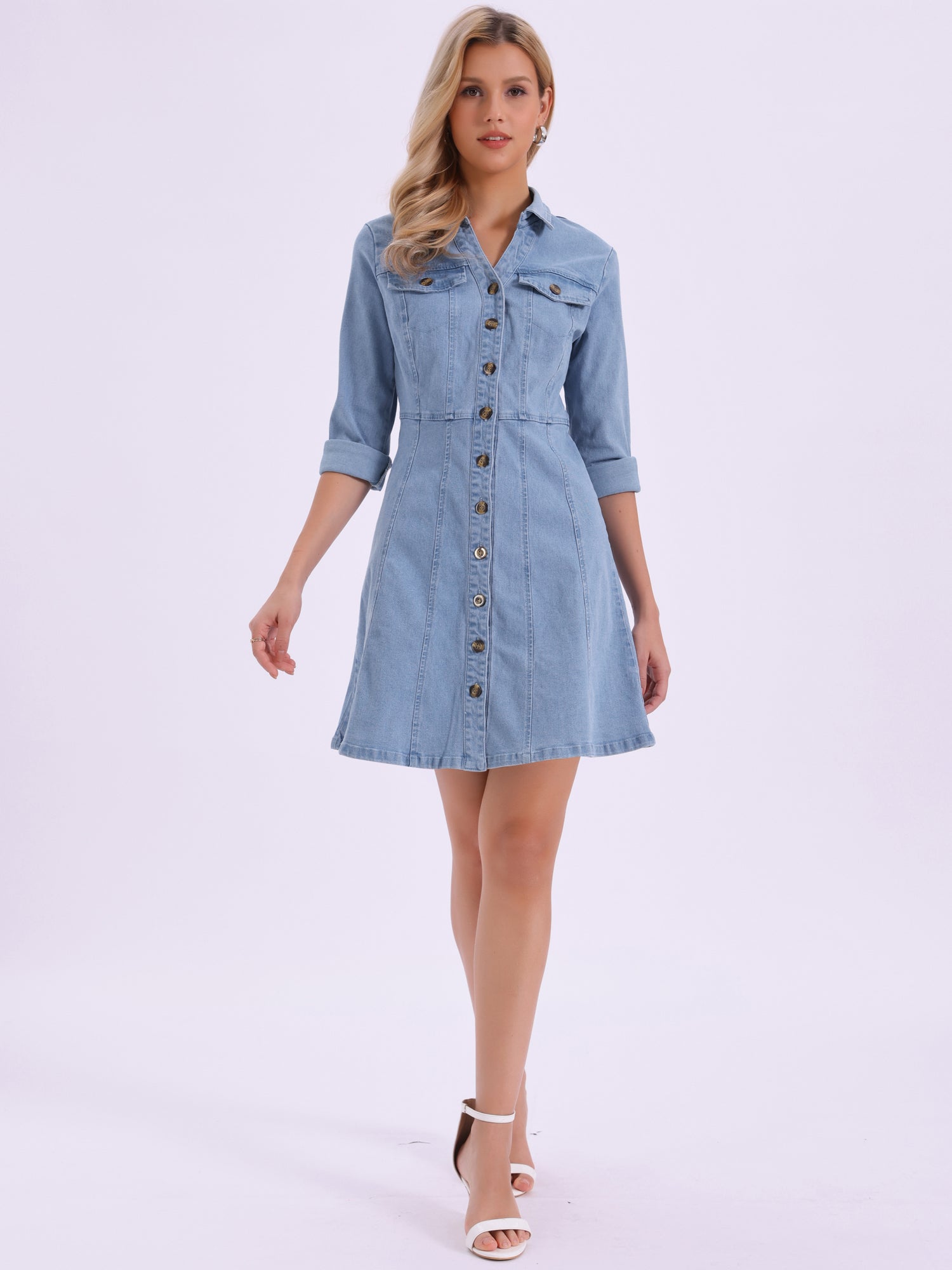 Button Down Collar V Neck Long Sleeve A-line Jean Denim Dress