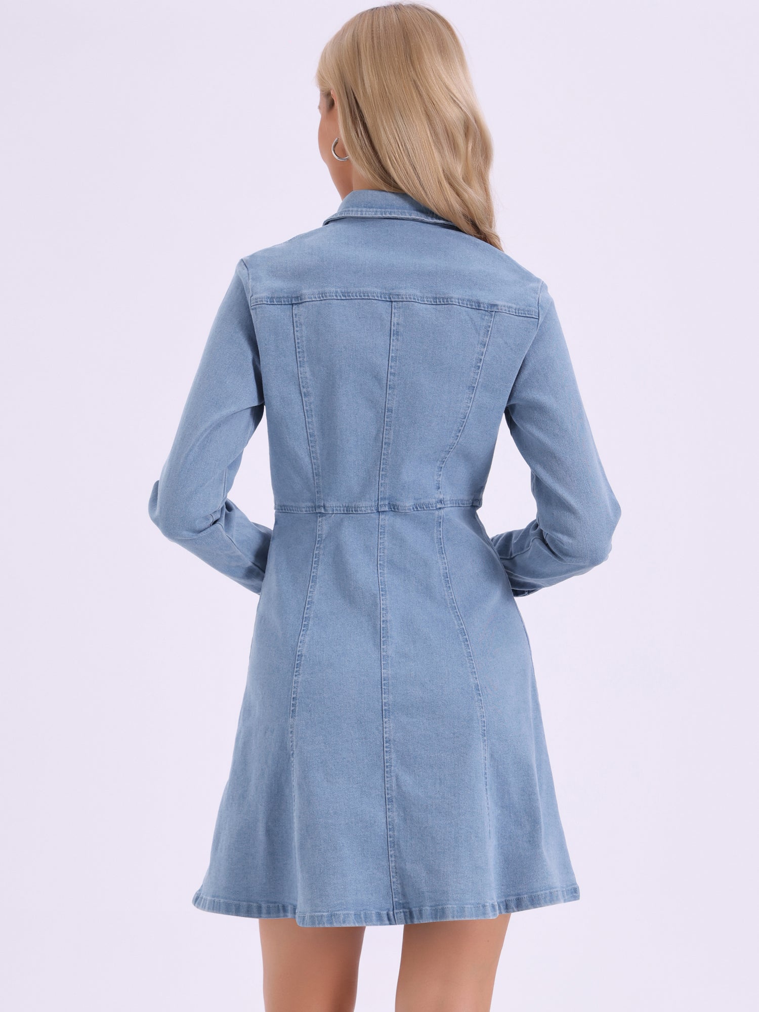 Button Down Collar V Neck Long Sleeve A-line Jean Denim Dress