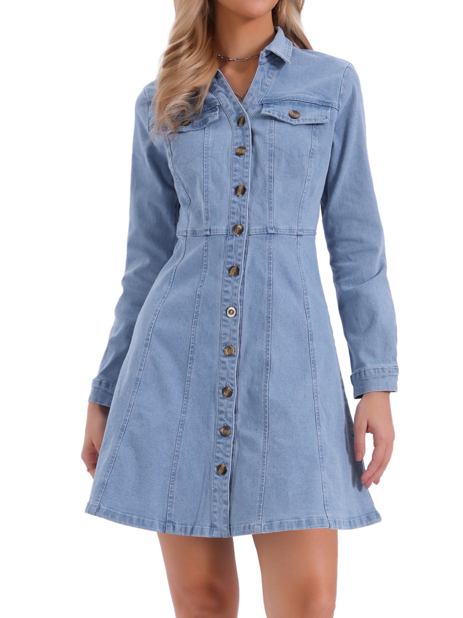 Button Down Collar V Neck Long Sleeve A-line Jean Denim Dress