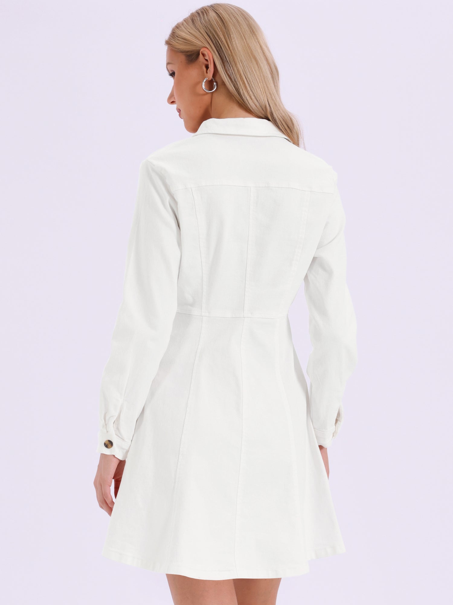 Button Down Collar V Neck Long Sleeve A-line Jean Denim Dress