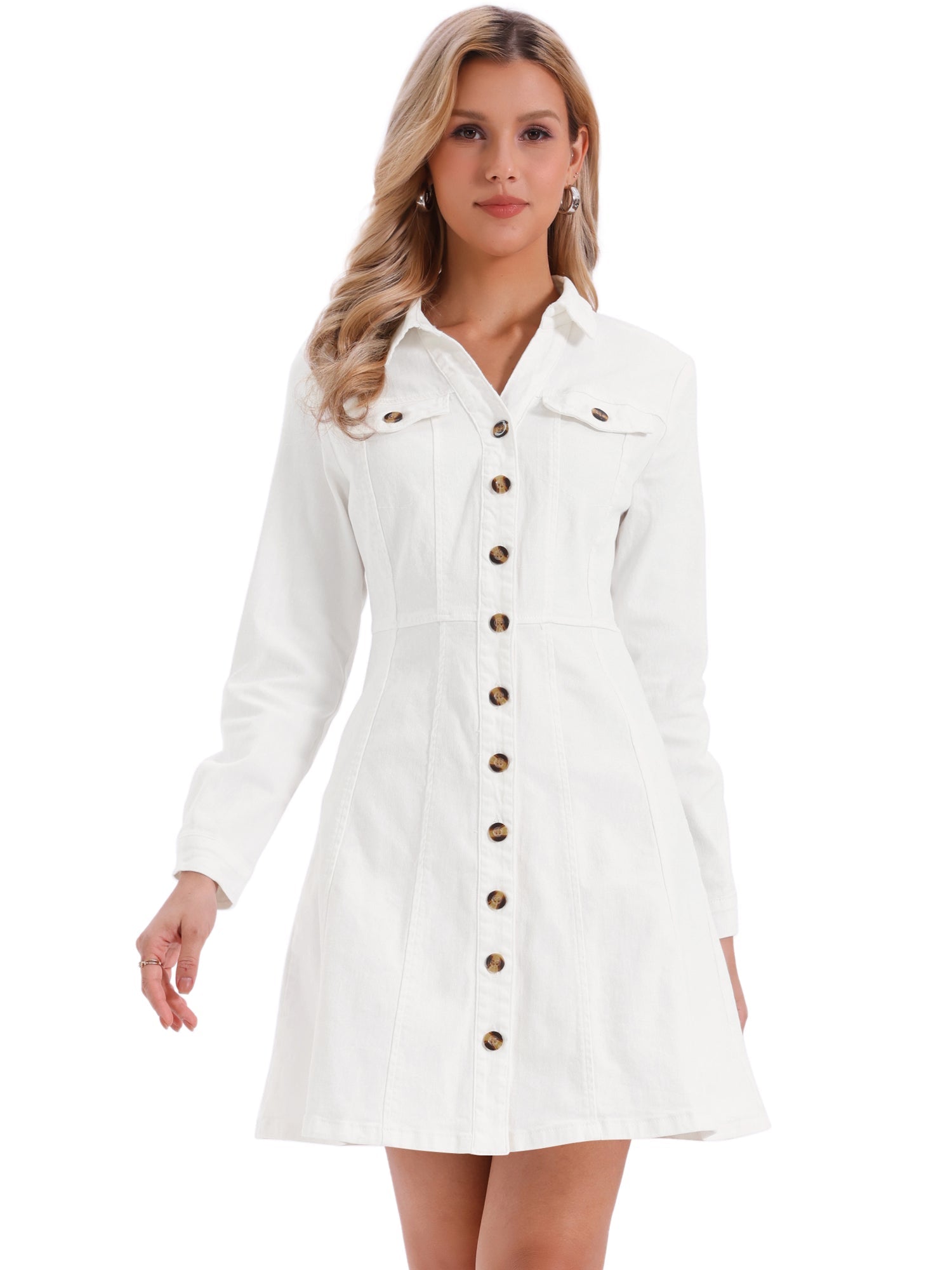 Button Down Collar V Neck Long Sleeve A-line Jean Denim Dress