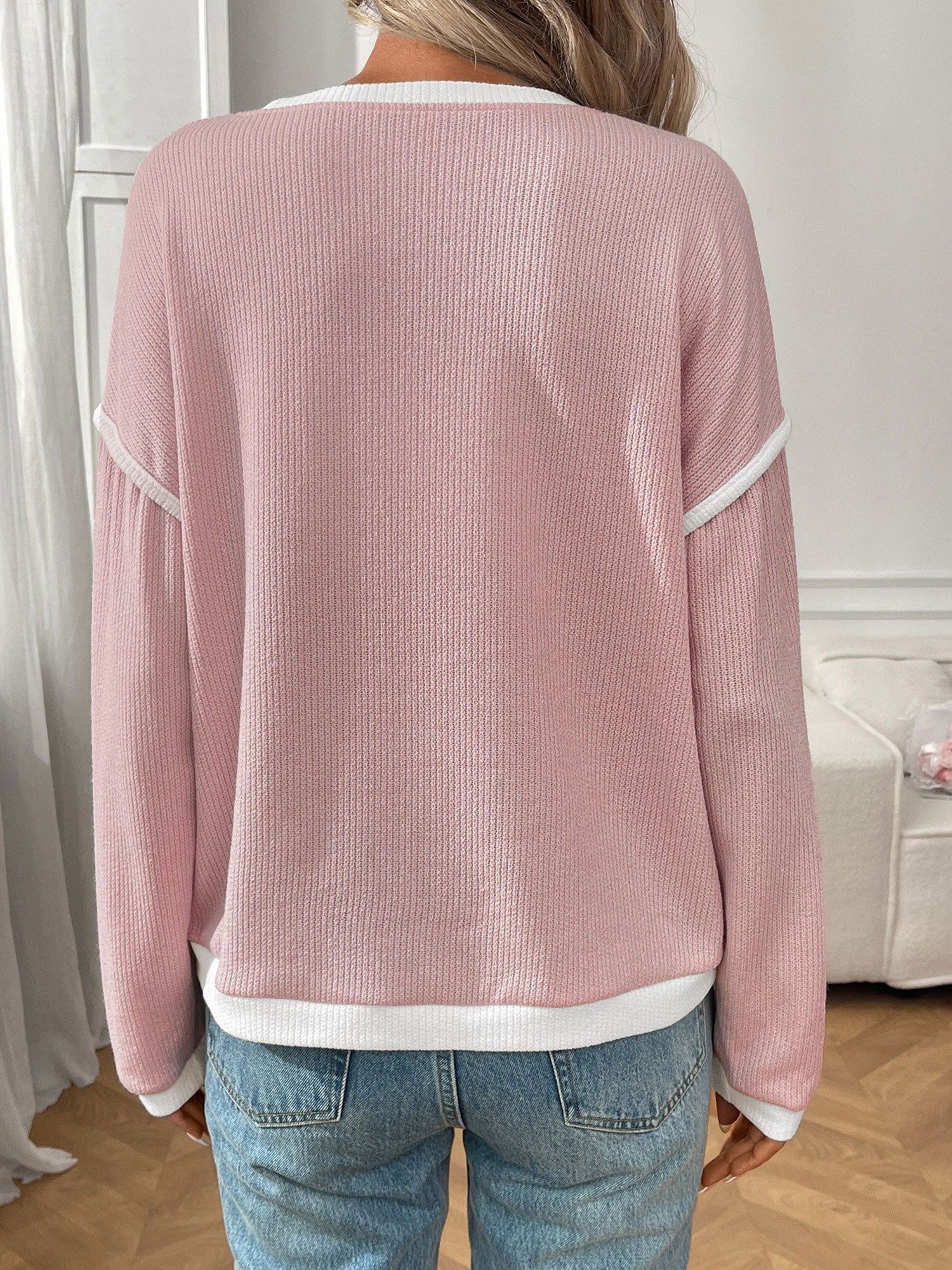 Round Neck Long Sleeves Colorblock Tops