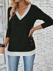 V Neck Colorblock Button Decor Casual Blouse