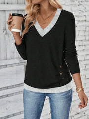 V Neck Colorblock Button Decor Casual Blouse