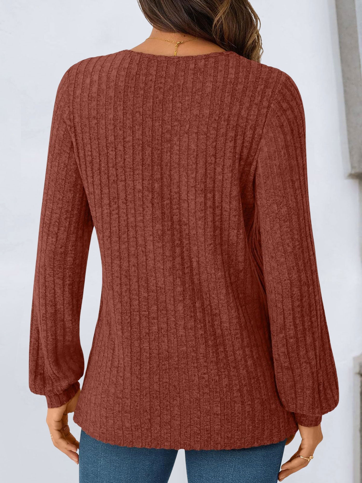 Solid Color V Neck Long Sleeve Textured Top