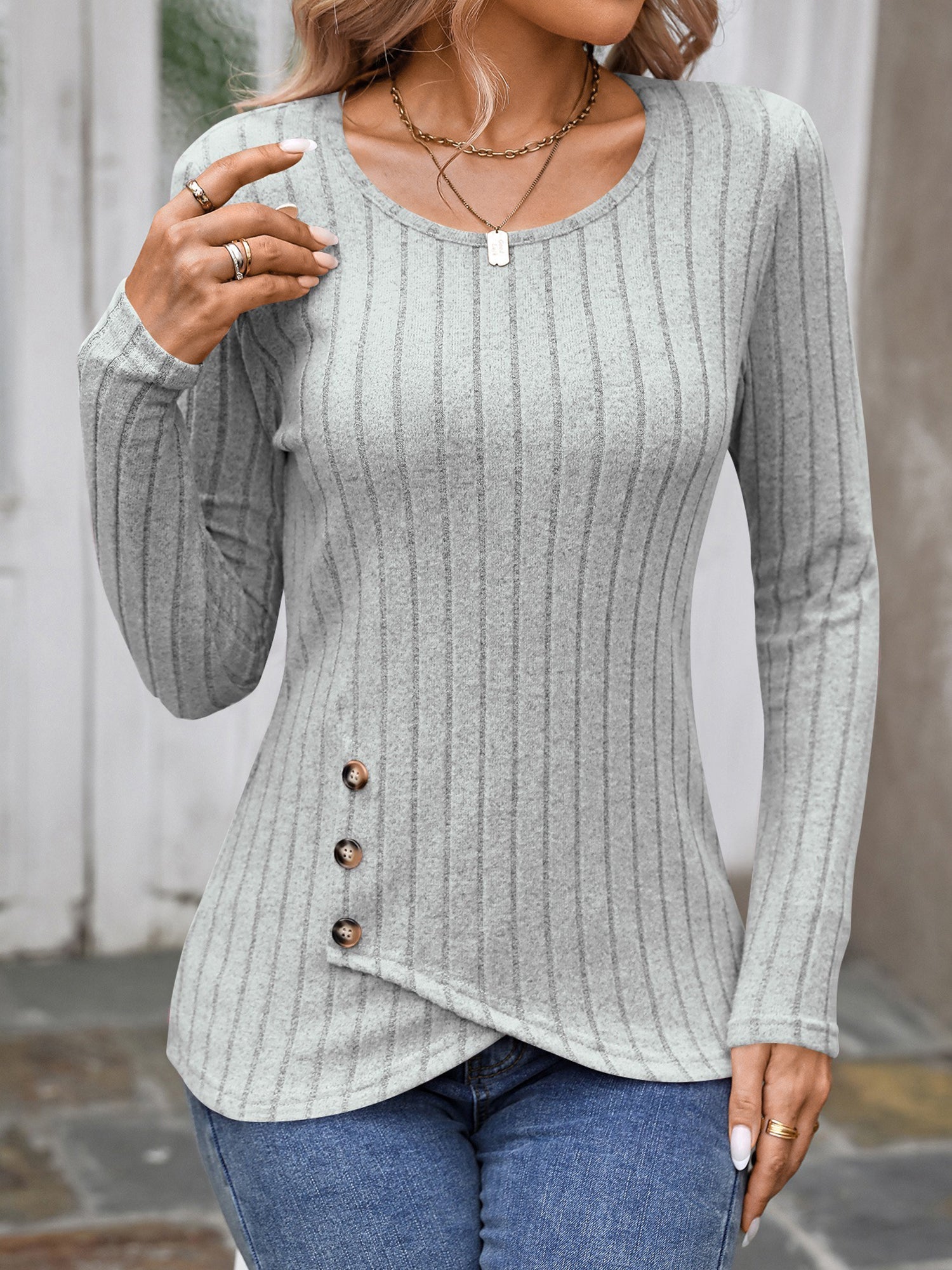 Round Neck Long Sleeves Button Decor Blouse