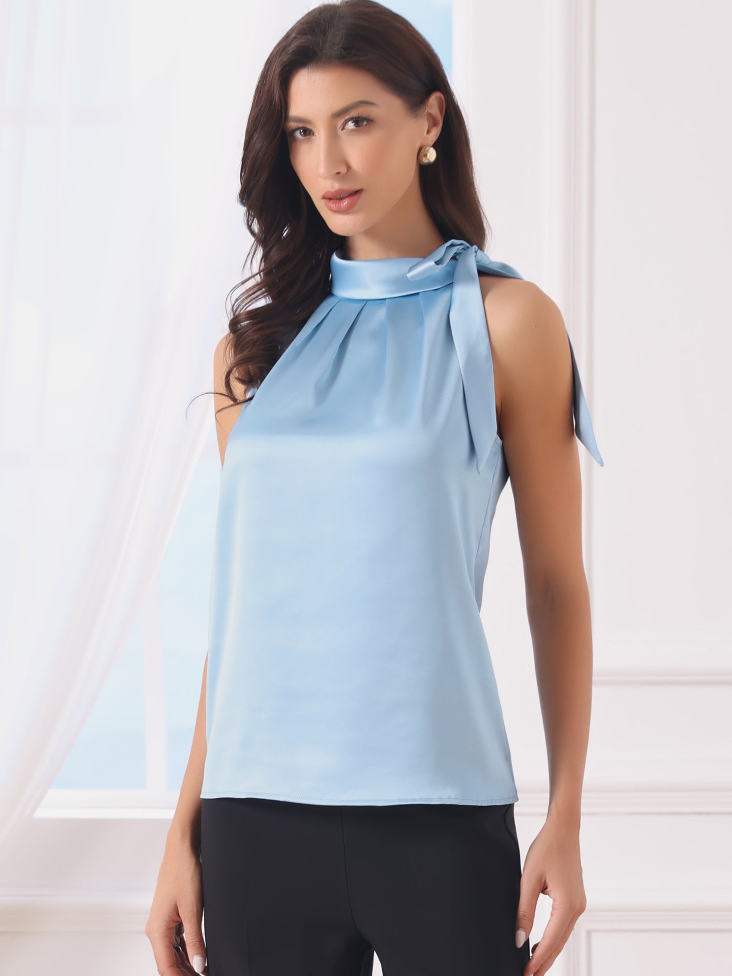 Elegant Satin Sleeveless Tie Knot Mock Neck Solid Work Blouse Top