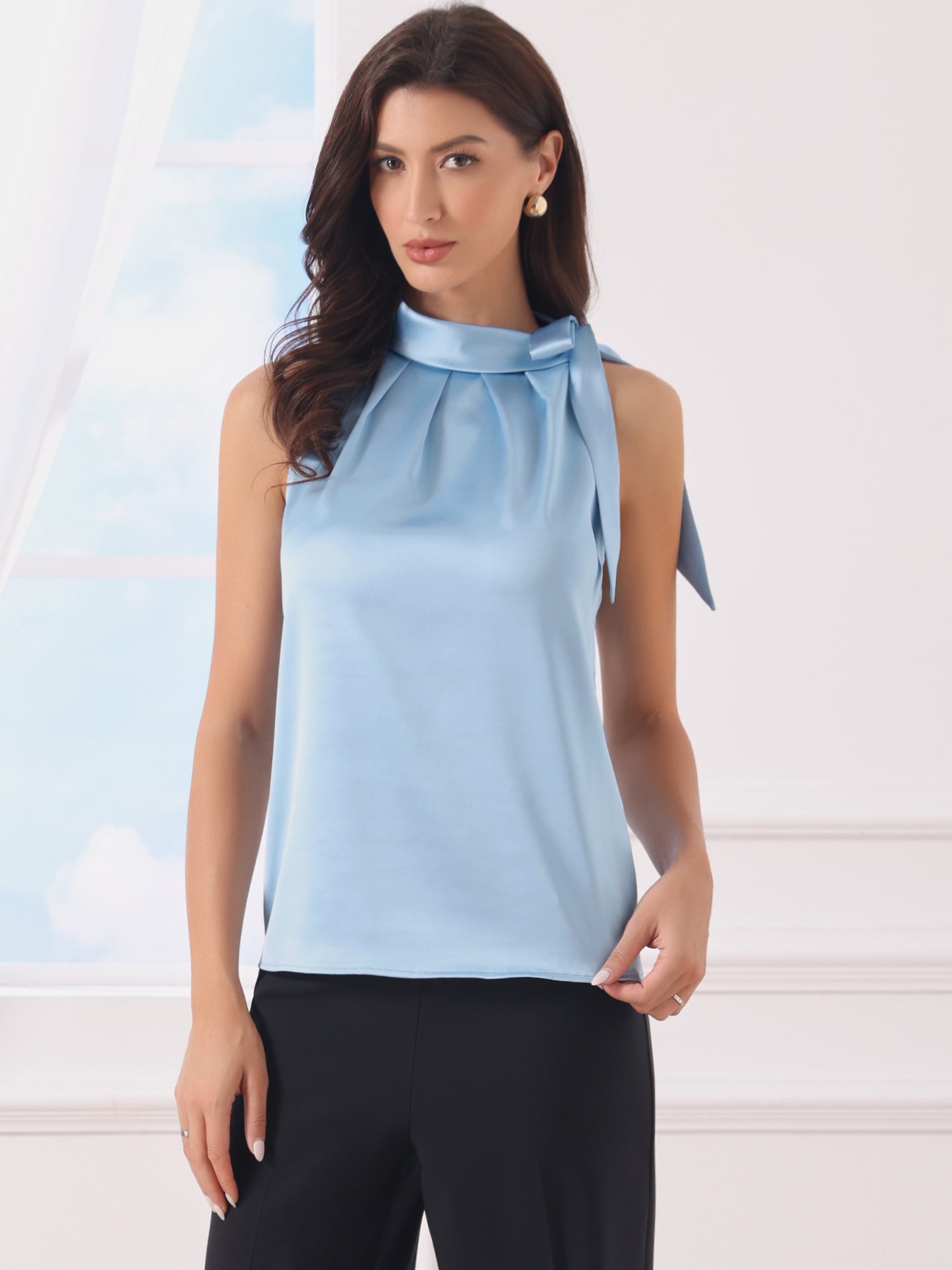 Elegant Satin Sleeveless Tie Knot Mock Neck Solid Work Blouse Top