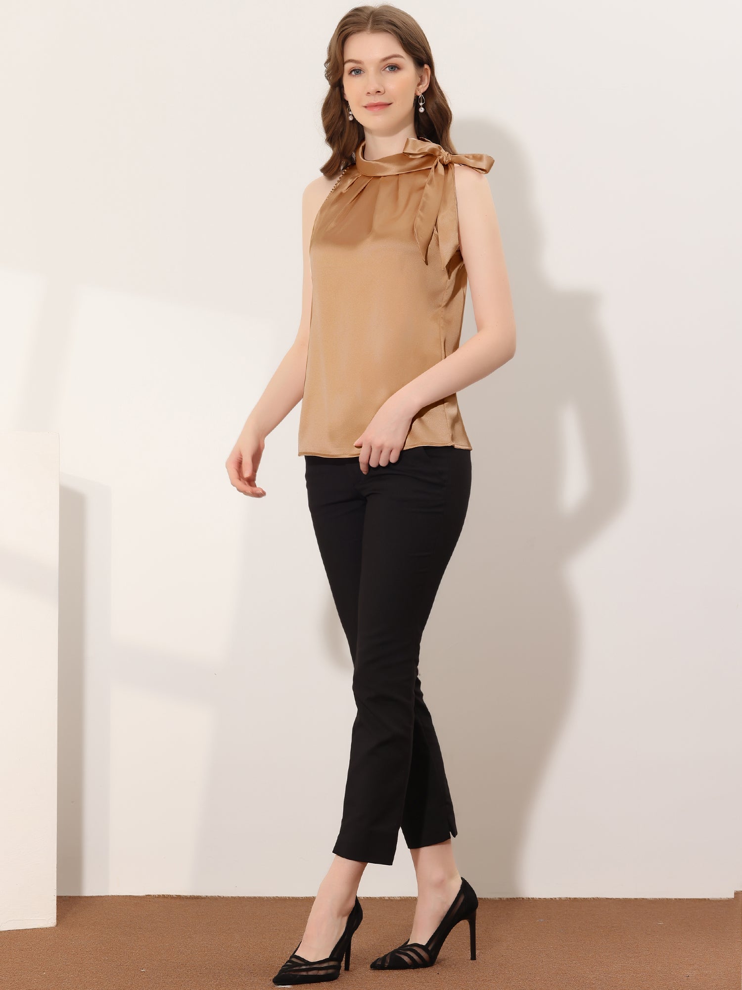 Elegant Satin Sleeveless Tie Knot Mock Neck Solid Work Blouse Top
