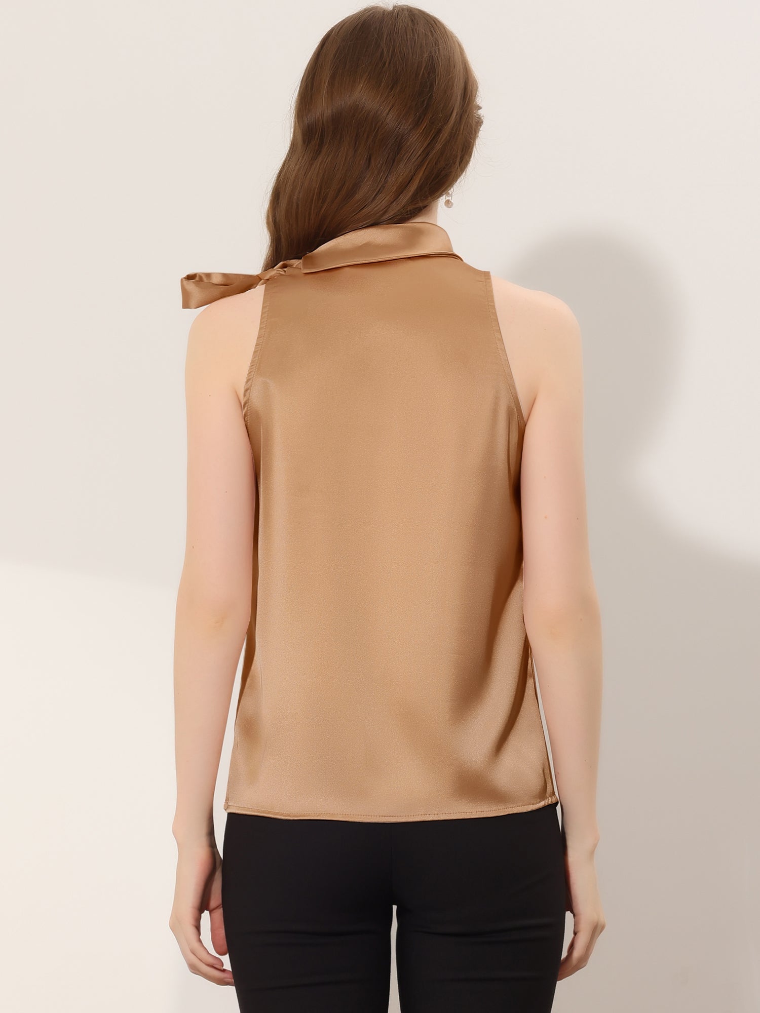 Elegant Satin Sleeveless Tie Knot Mock Neck Solid Work Blouse Top