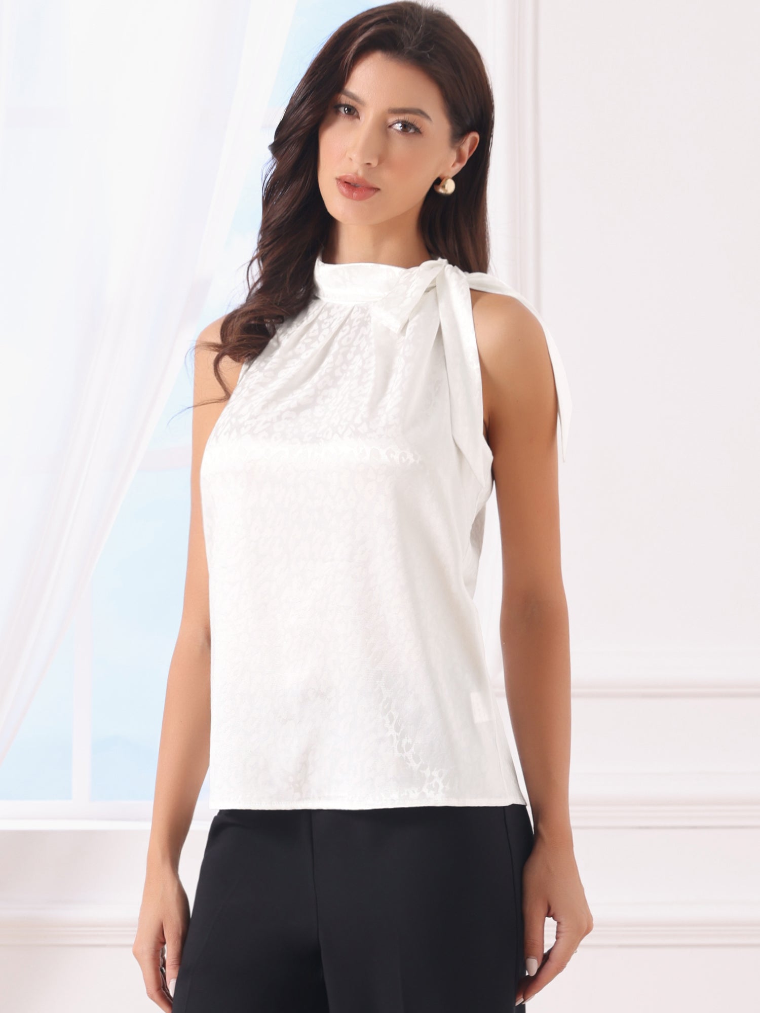 Elegant Satin Sleeveless Tie Knot Mock Neck Solid Work Blouse Top
