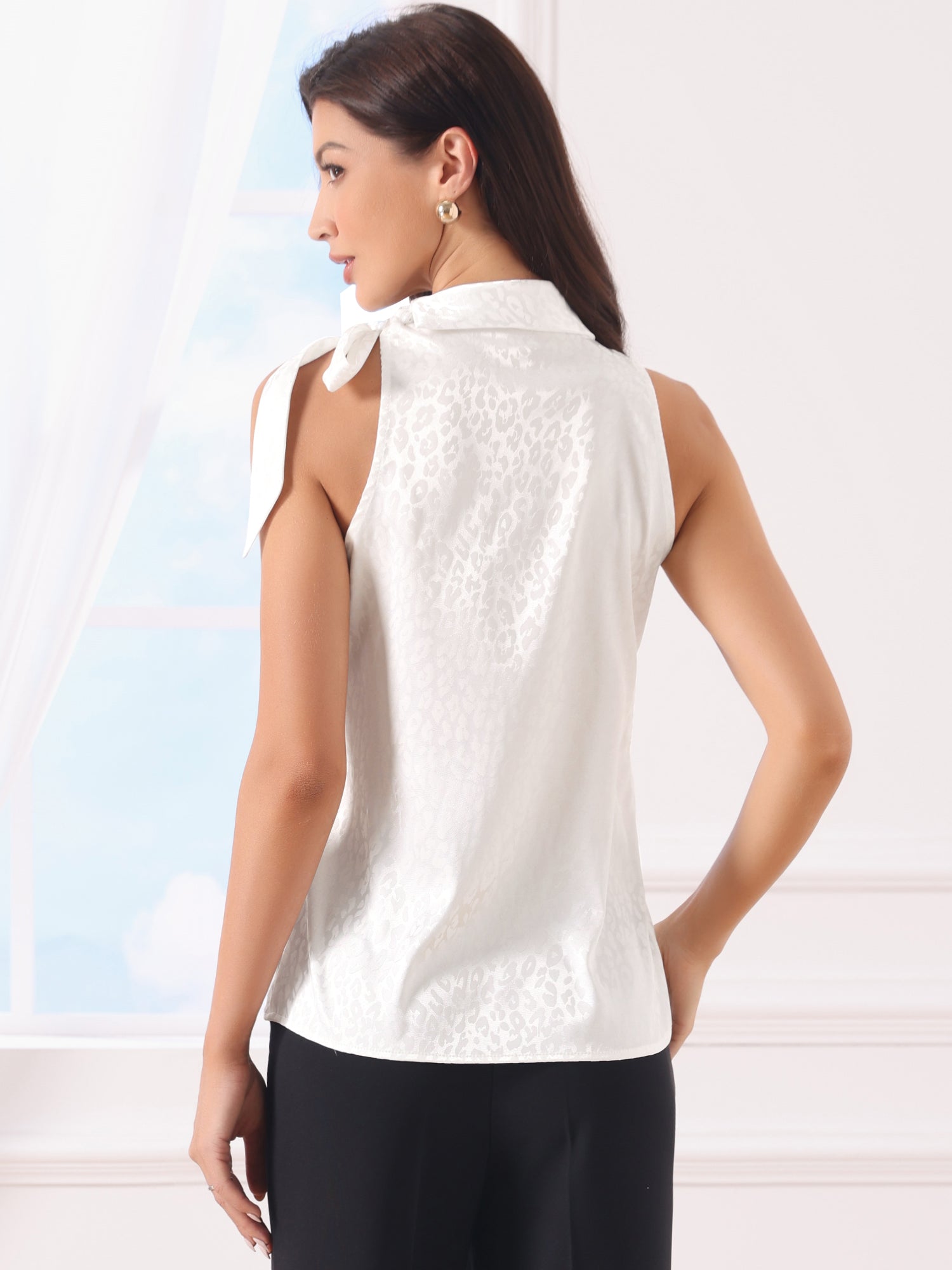 Elegant Satin Sleeveless Tie Knot Mock Neck Solid Work Blouse Top