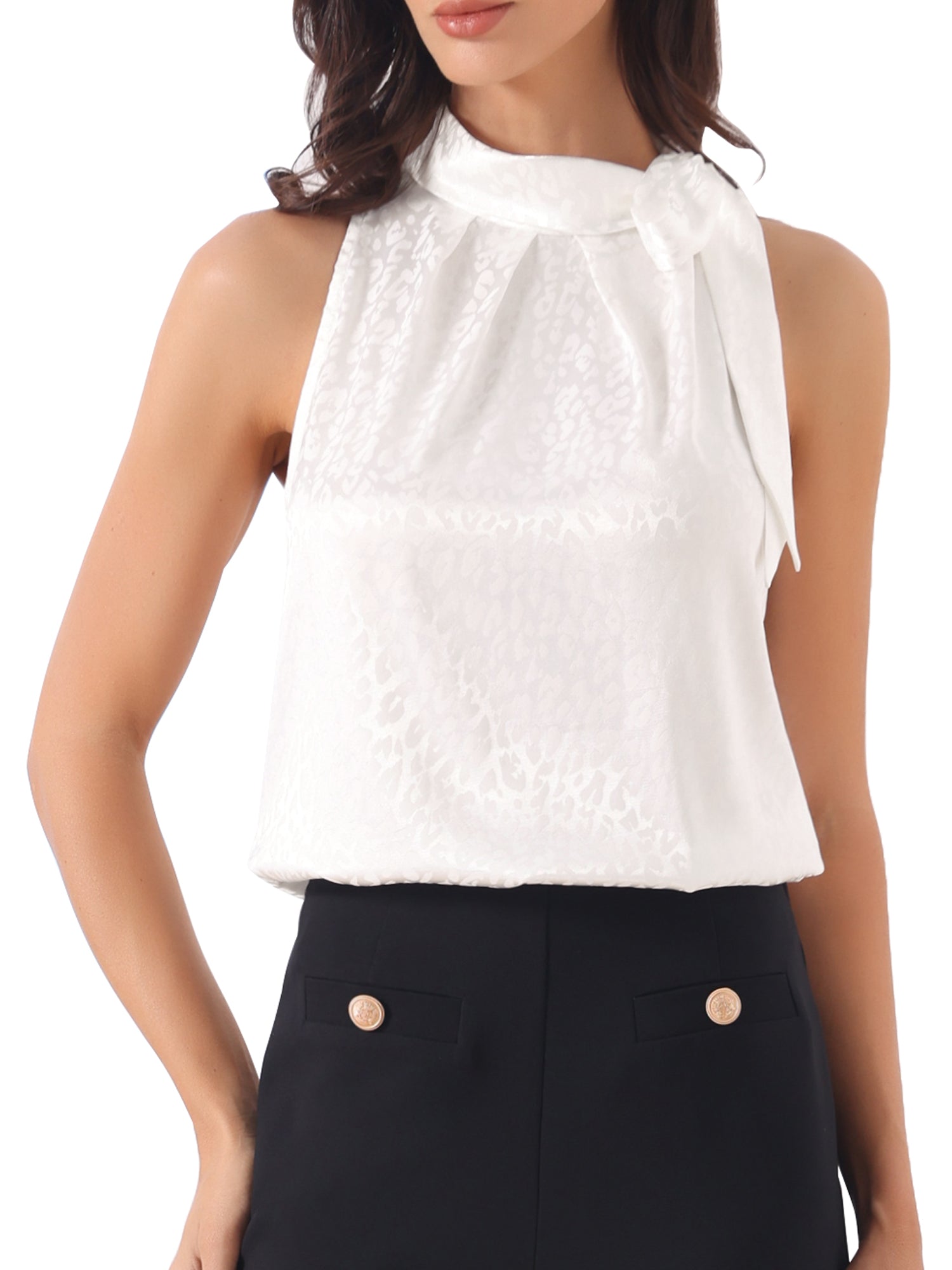 Elegant Satin Sleeveless Tie Knot Mock Neck Solid Work Blouse Top