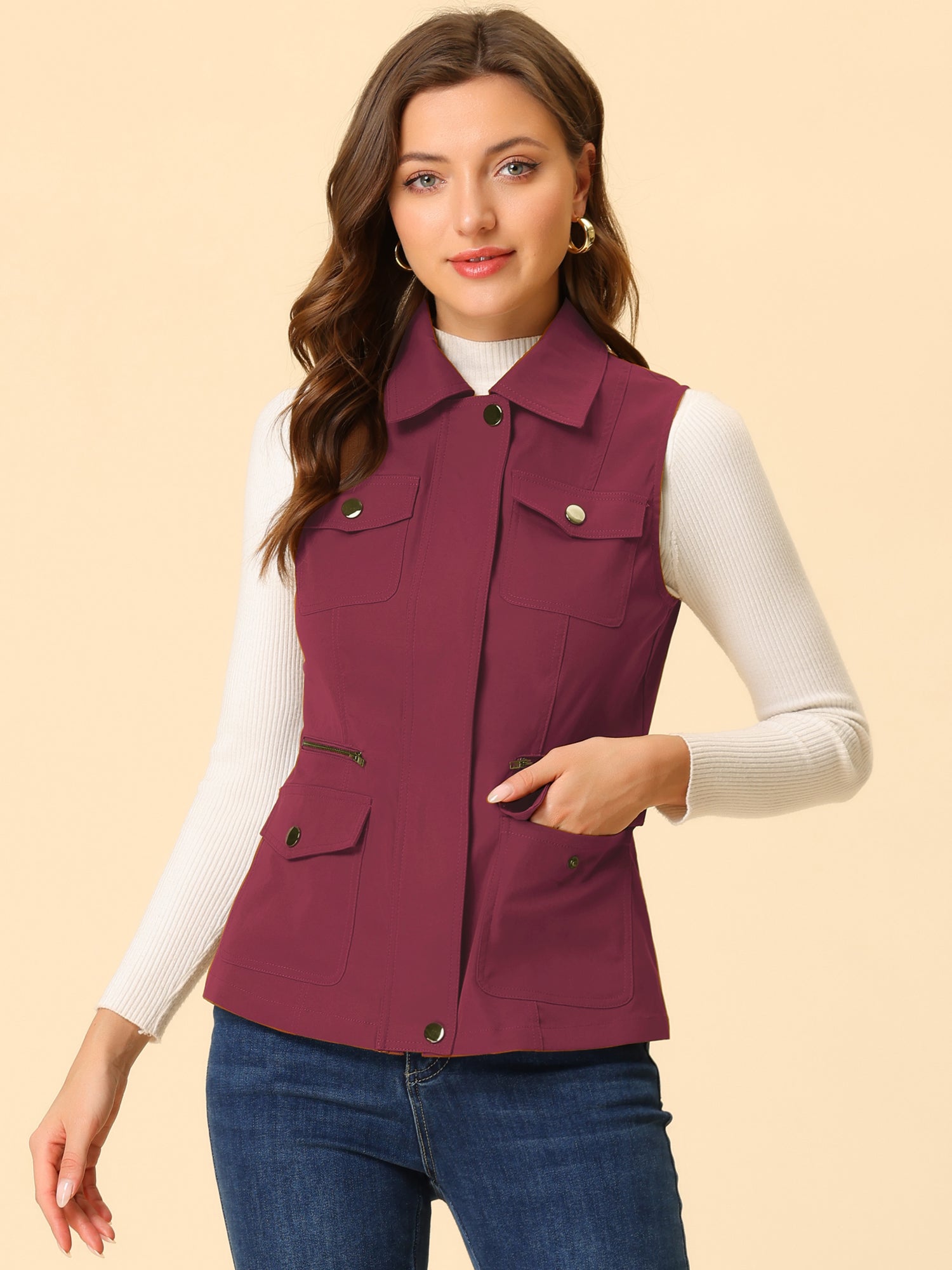 Zip Up Pockets Sleeveless Cargo Jacket Utility Vest