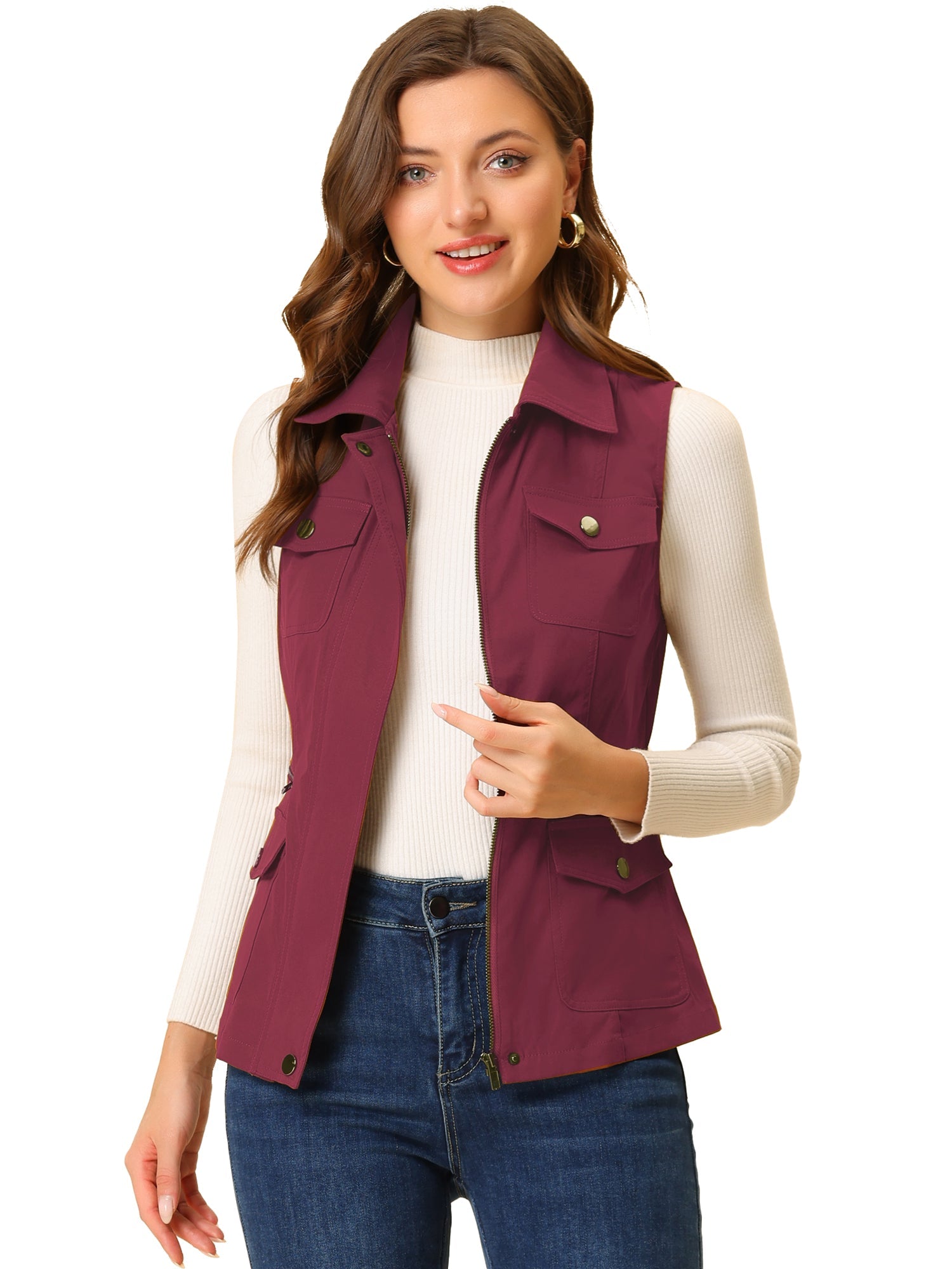 Zip Up Pockets Sleeveless Cargo Jacket Utility Vest