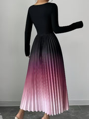 Gradient Pink Round Neck Long Sleeves Pleated A-Line Dress