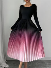 Gradient Pink Round Neck Long Sleeves Pleated A-Line Dress