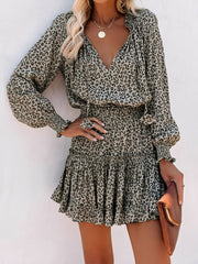 Leopard Print Mini Dress - V-Neck with Smocked Bodice & Ruffled Tiered Skirt