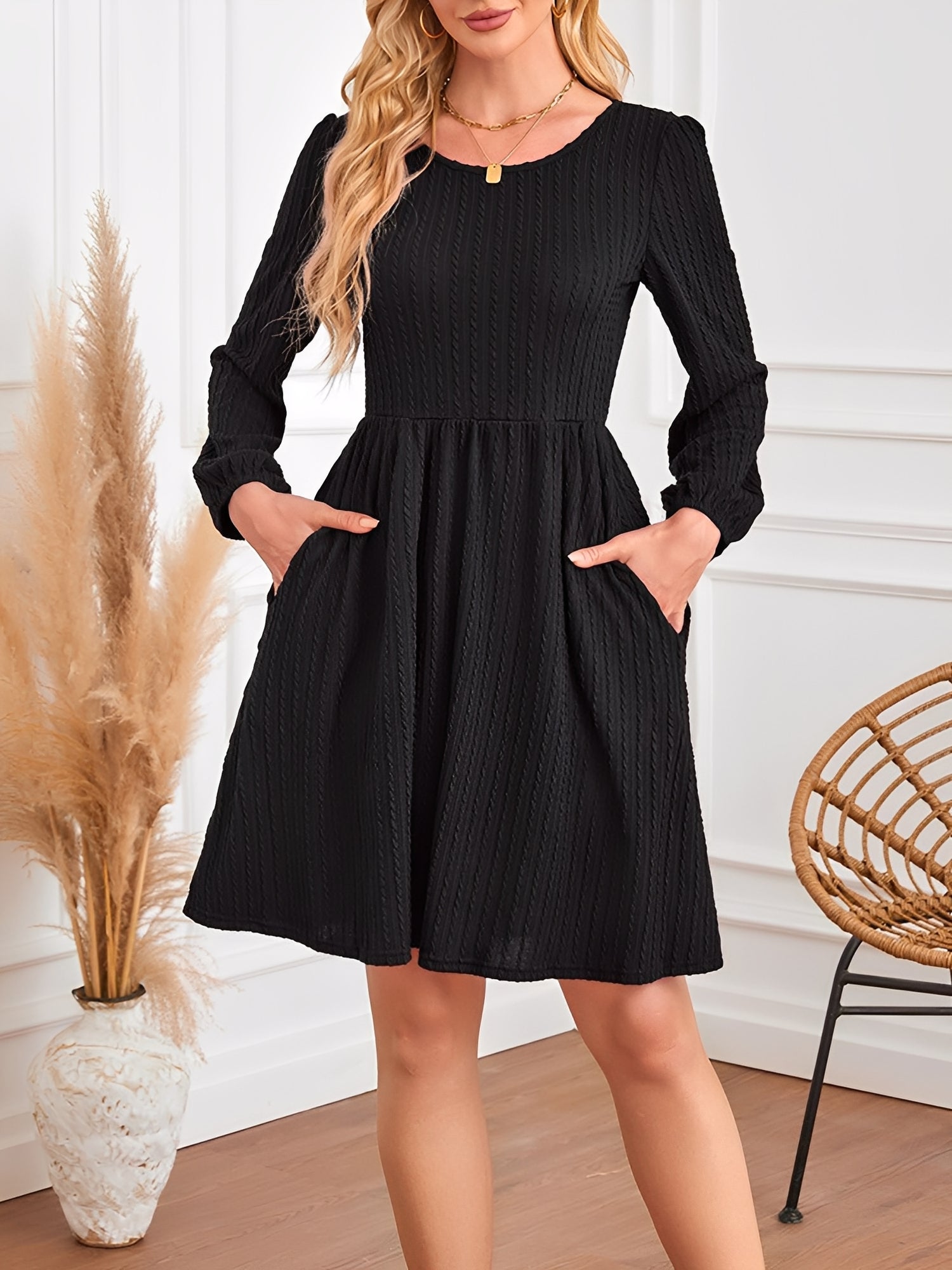 Round Neck Pockets Long Sleeve Textured A-Line Dress