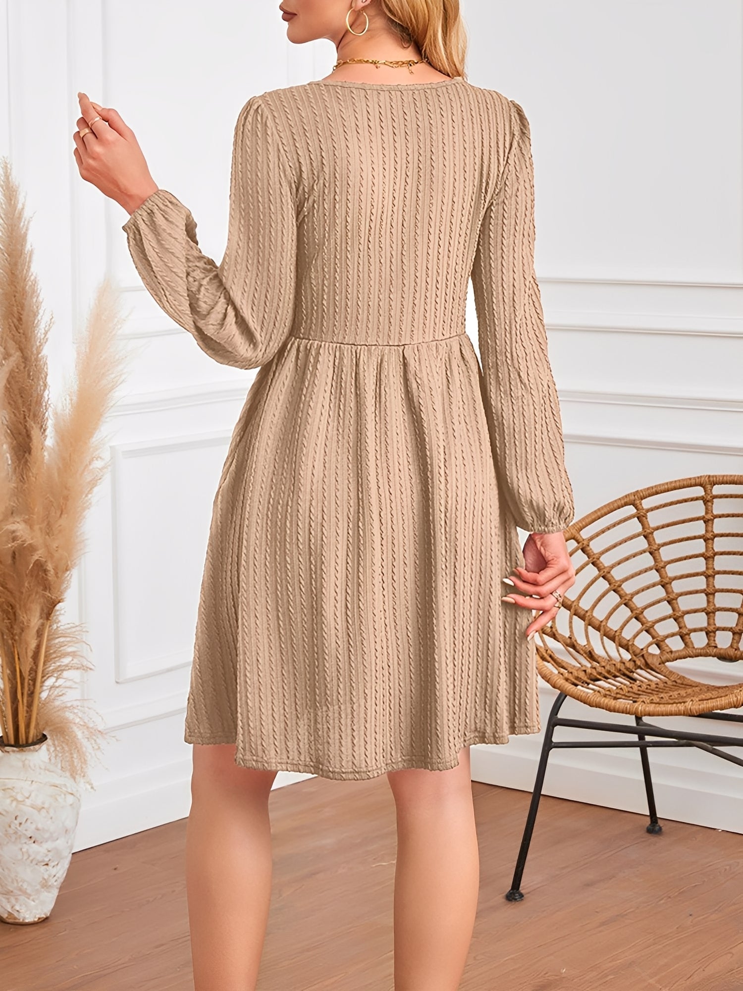 Round Neck Pockets Long Sleeve Textured A-Line Dress