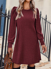 Solid Color Round Neck Puff Sleeve Pockets Midi Dress