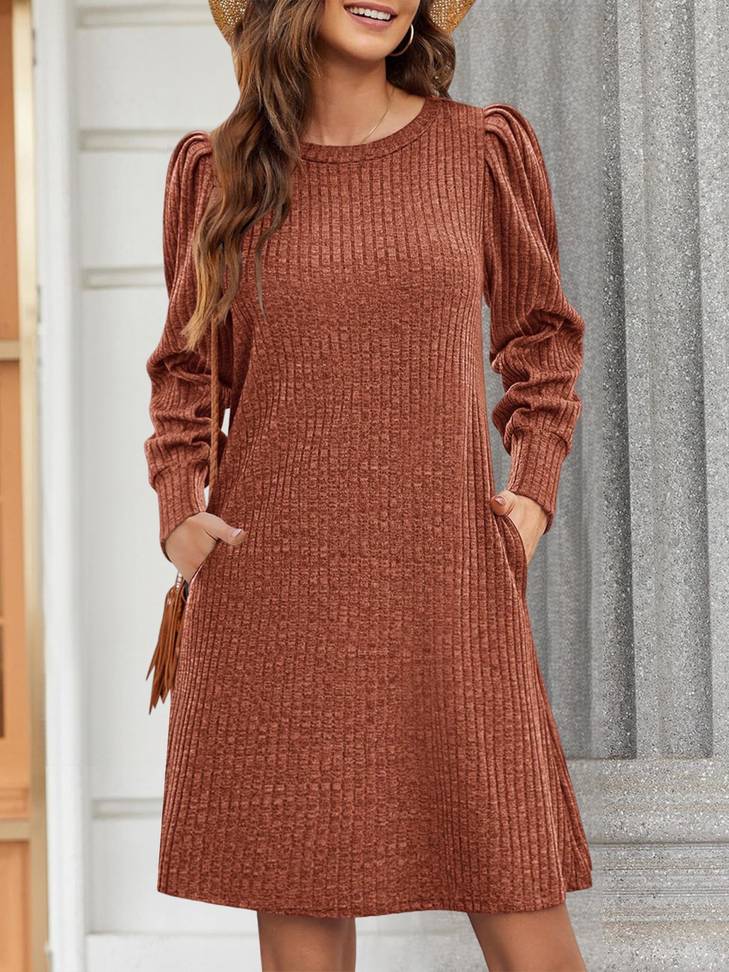 Solid Color Round Neck Puff Sleeve Pockets Midi Dress