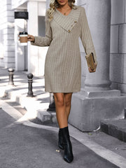 Solid Color V Neck Buttoned Long Sleeves Mini Dress