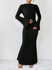 Boat Neck Trumpet Long Sleeve Textured Maxi Dress