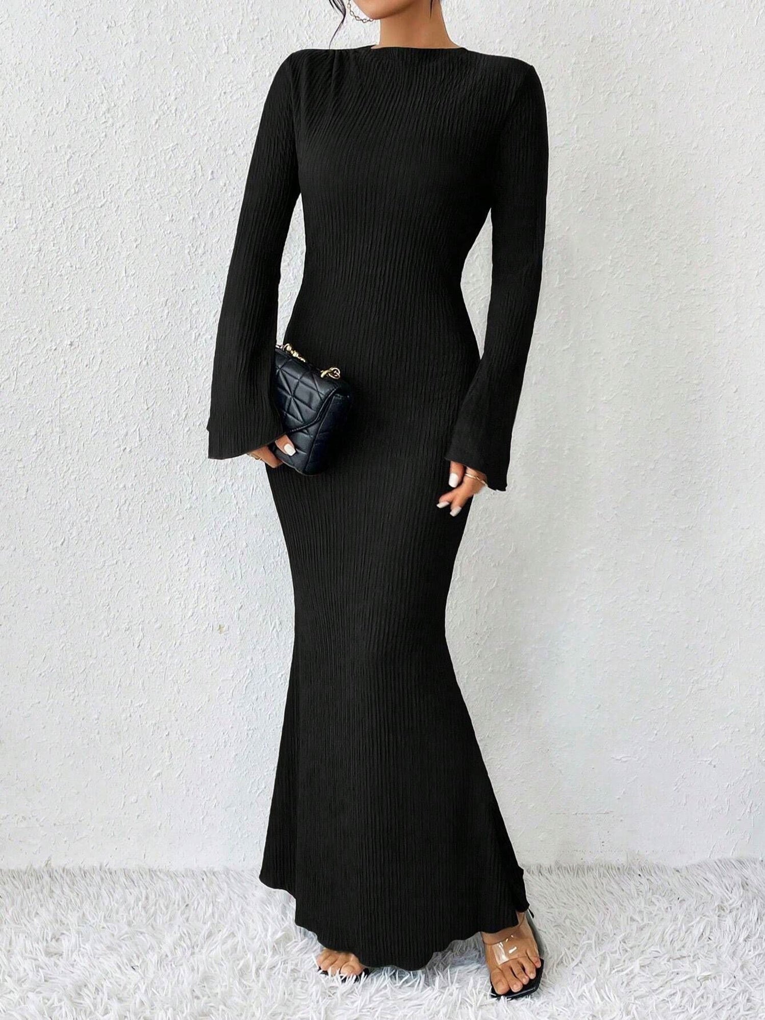 Boat Neck Trumpet Long Sleeve Textured Maxi Dress