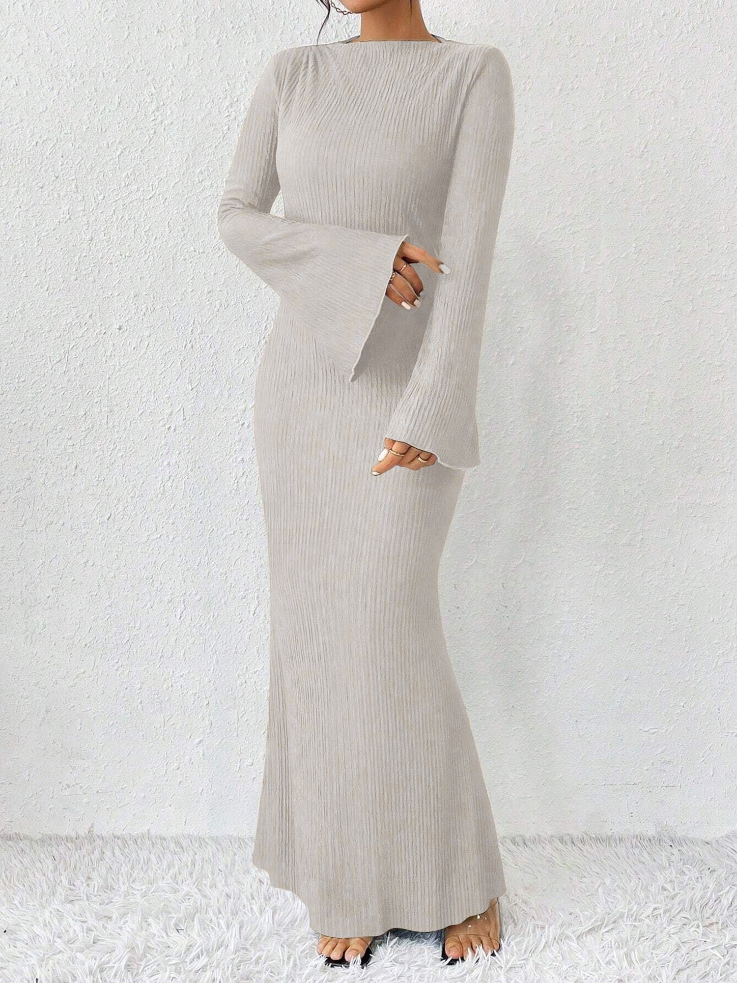 Boat Neck Trumpet Long Sleeve Textured Maxi Dress