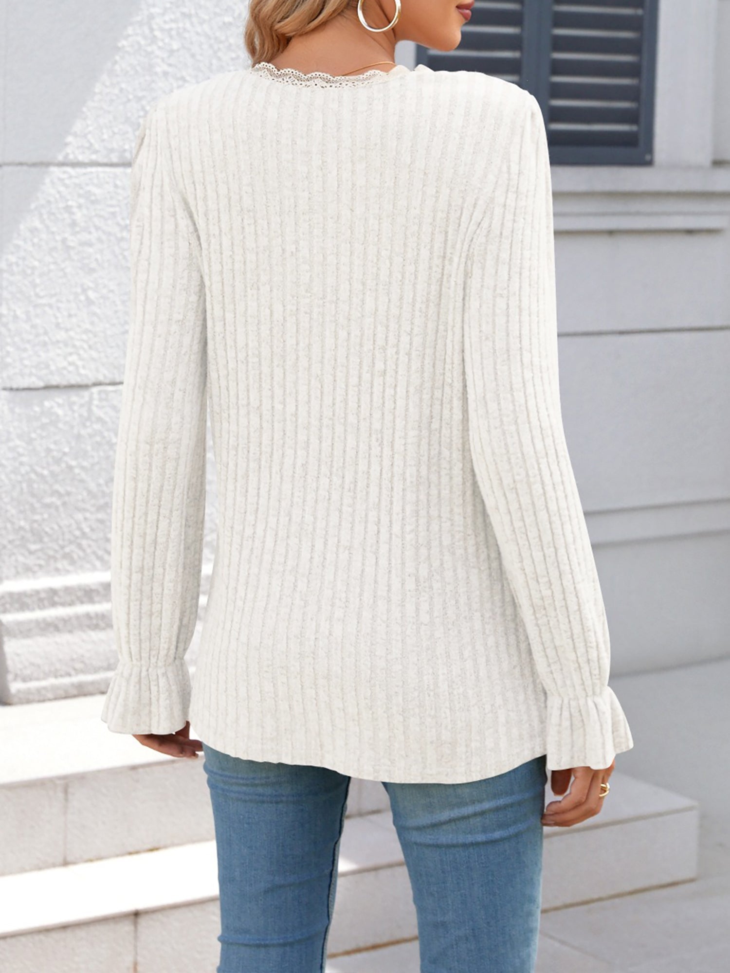 Solid Color V Neck Lace Trim Long Sleeves Blouse